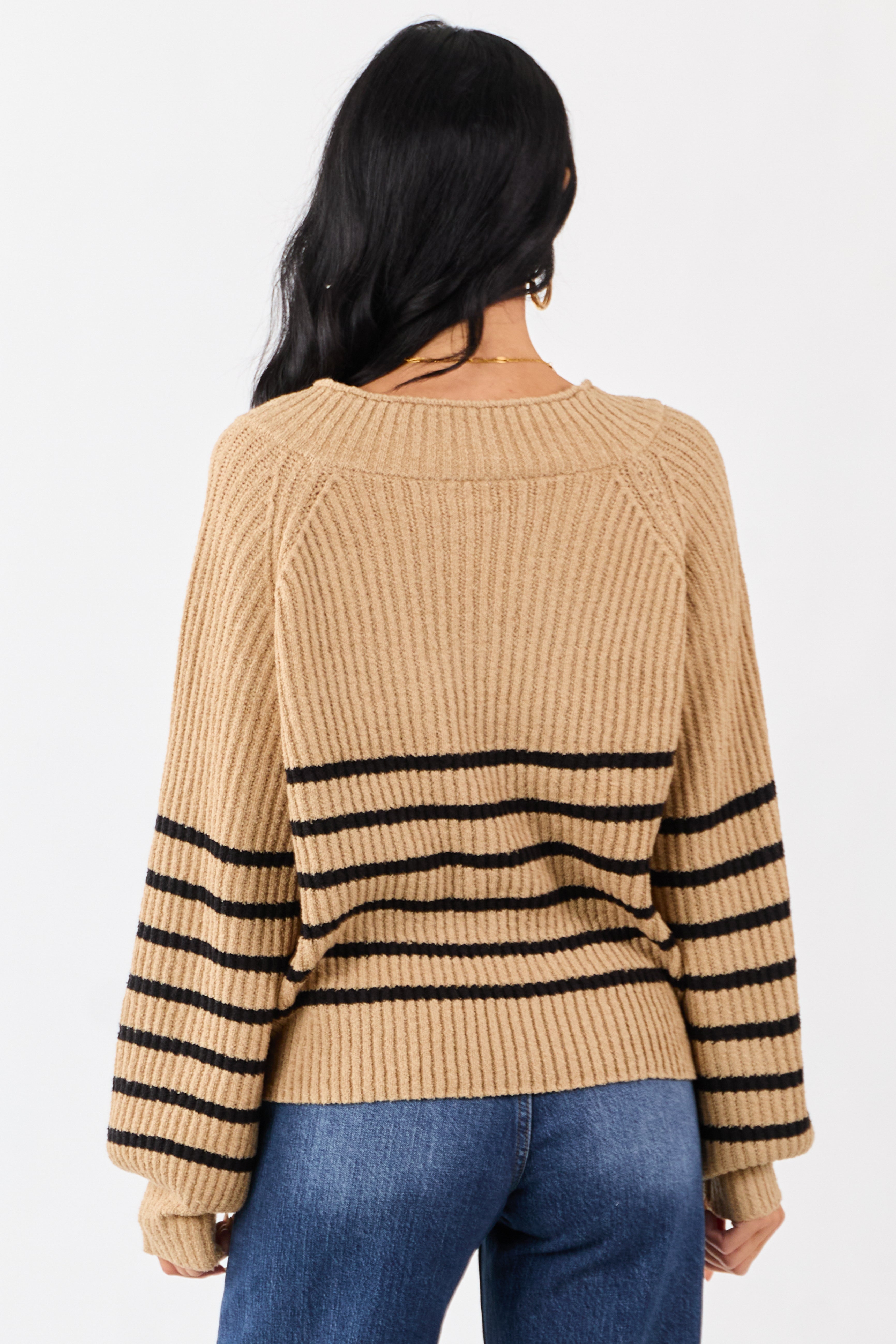 Latte Striped V-Neck Long Puff Sleeve Ribbed Sweater
