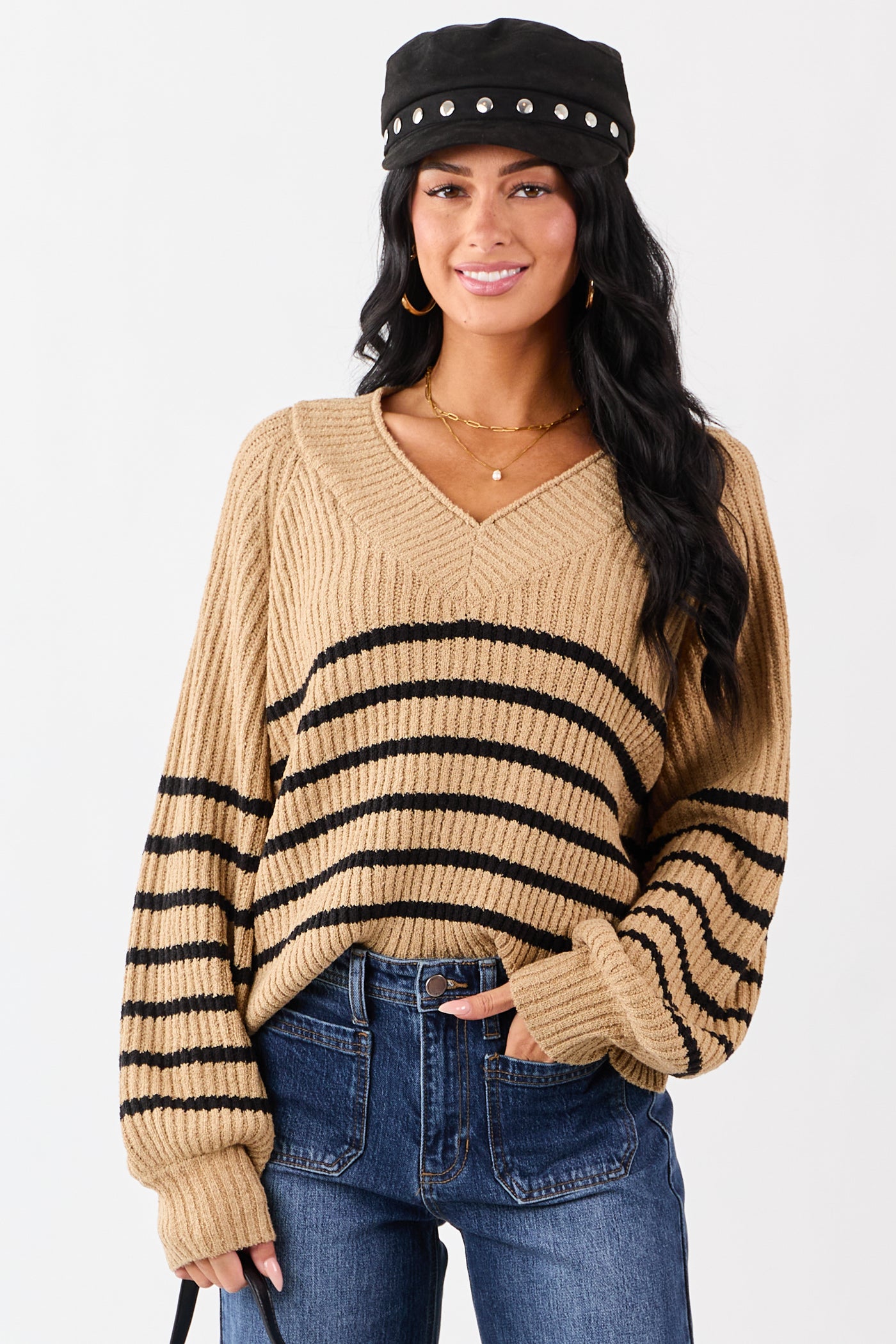 Latte Striped V-Neck Long Puff Sleeve Ribbed Sweater