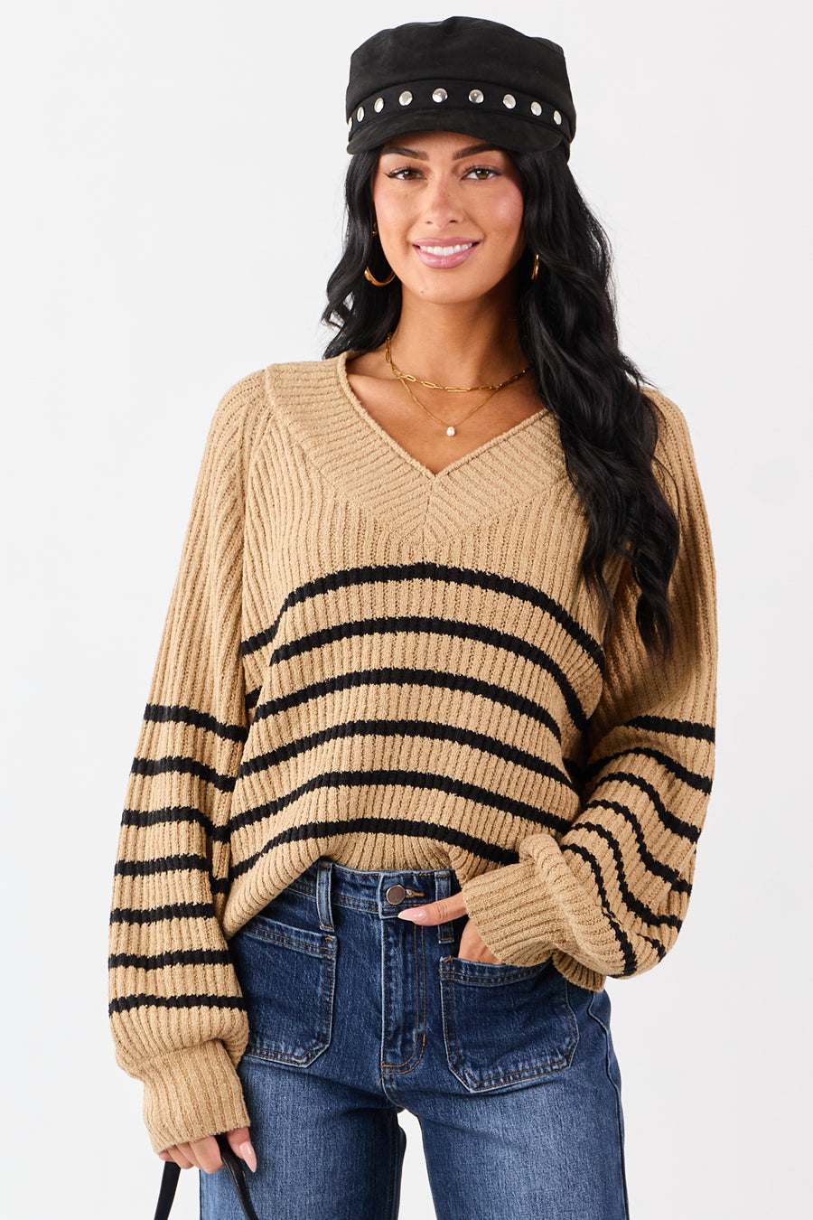 Latte Striped V-Neck Long Puff Sleeve Ribbed Sweater