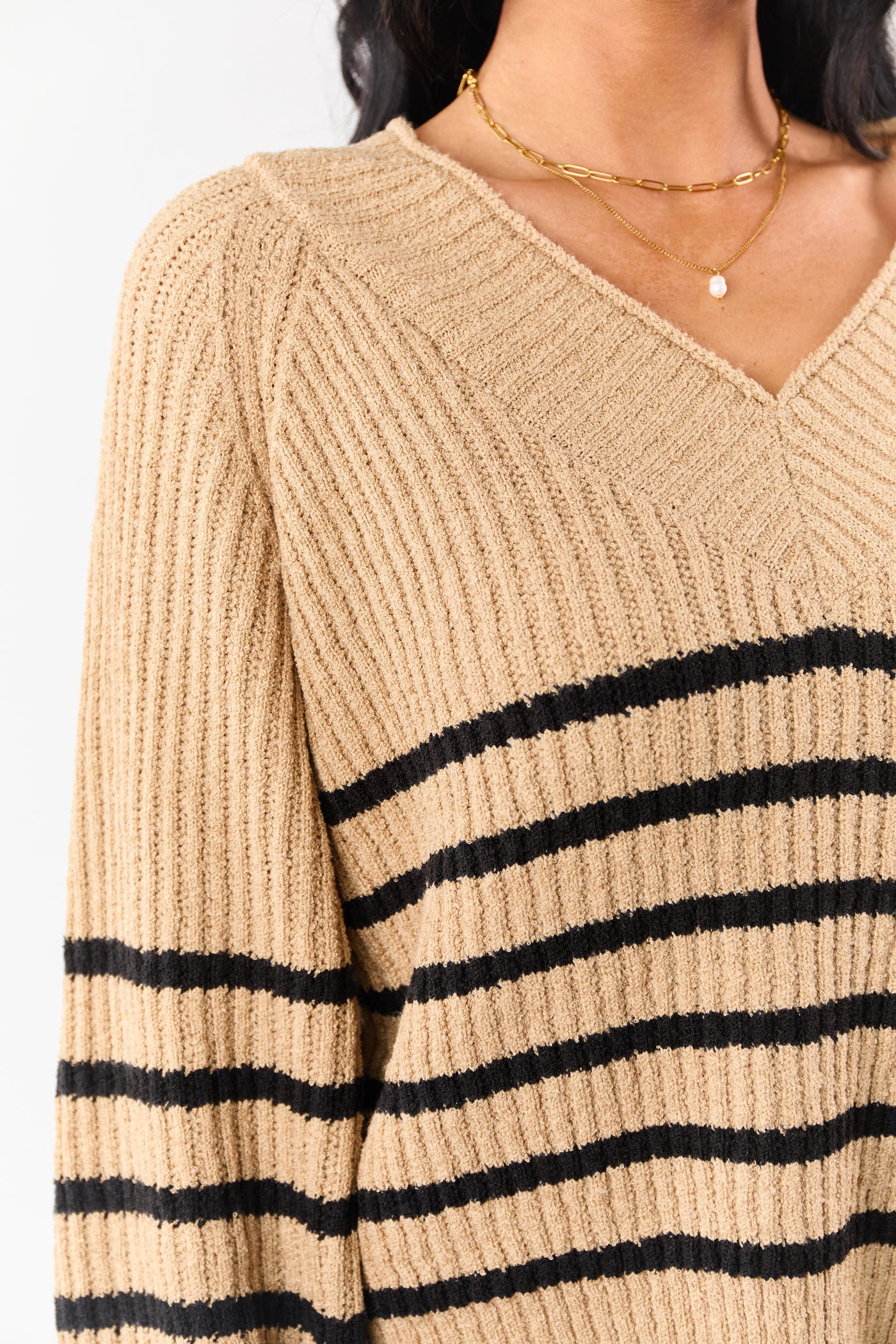 Latte Striped V-Neck Long Puff Sleeve Ribbed Sweater