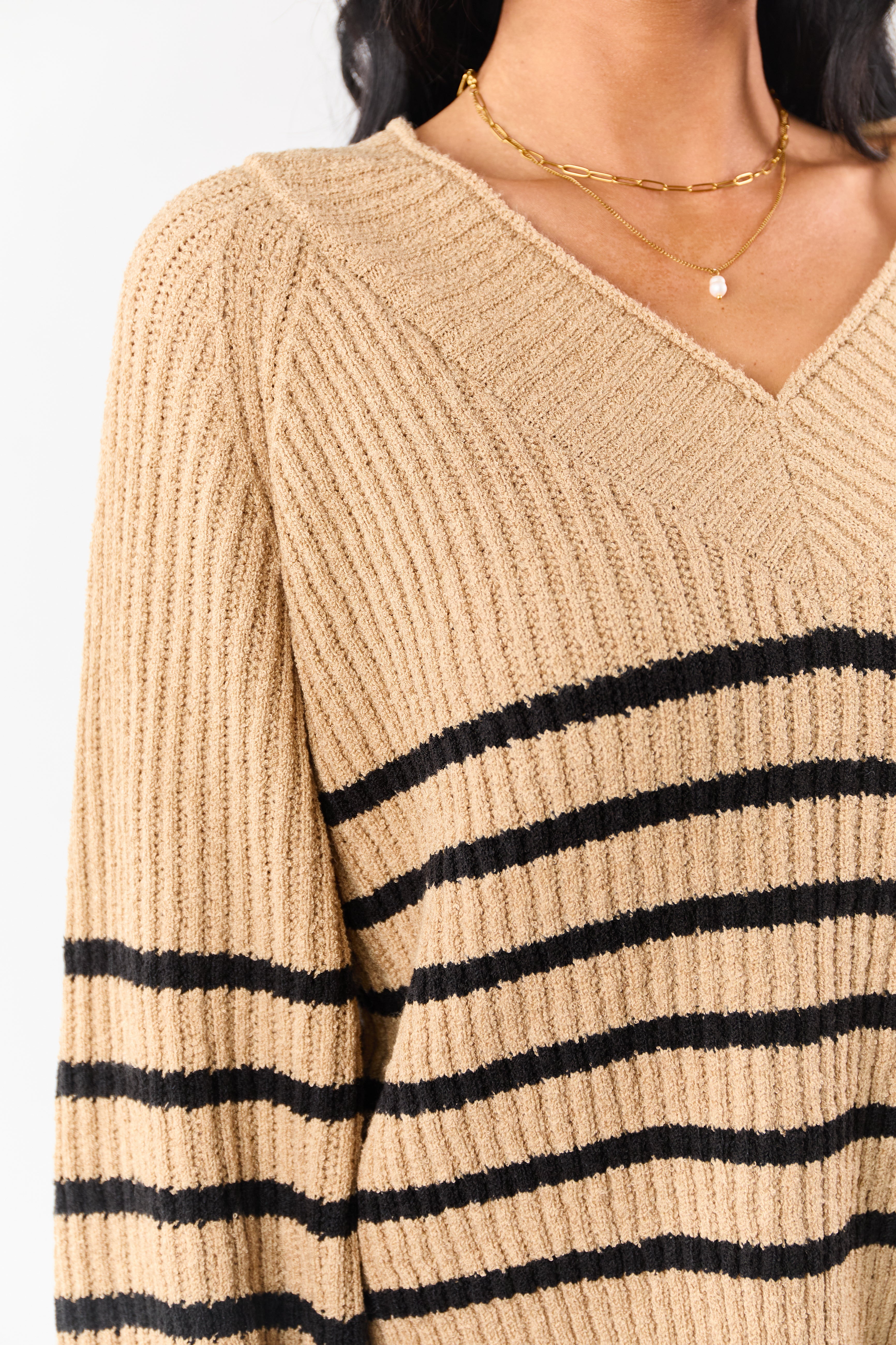Latte Striped V-Neck Long Puff Sleeve Ribbed Sweater