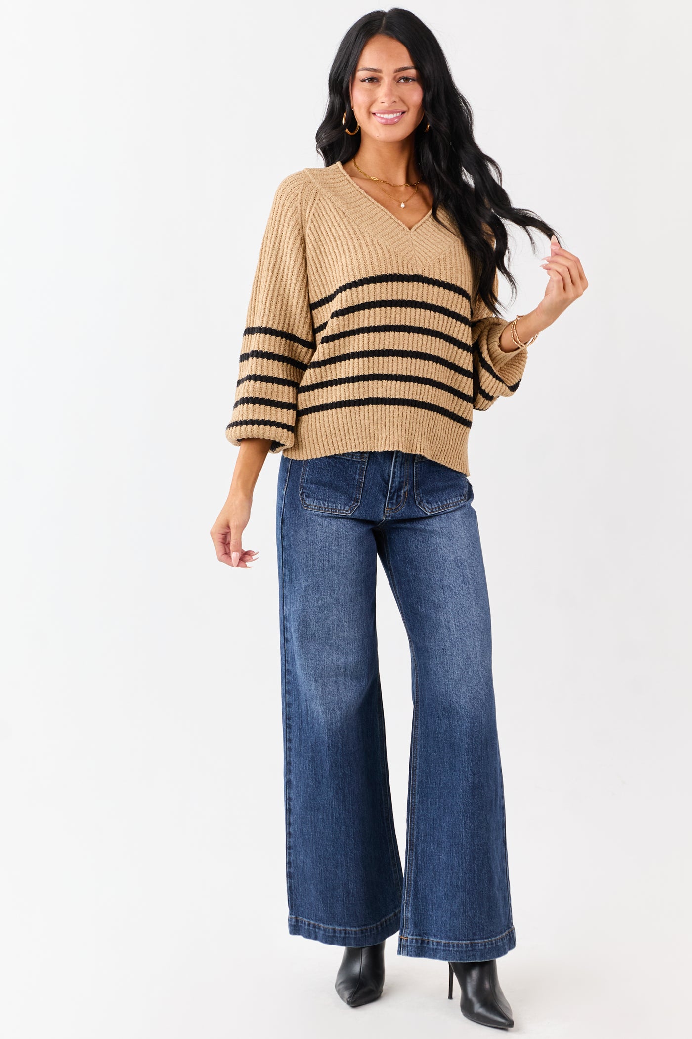 Latte Striped V-Neck Long Puff Sleeve Ribbed Sweater