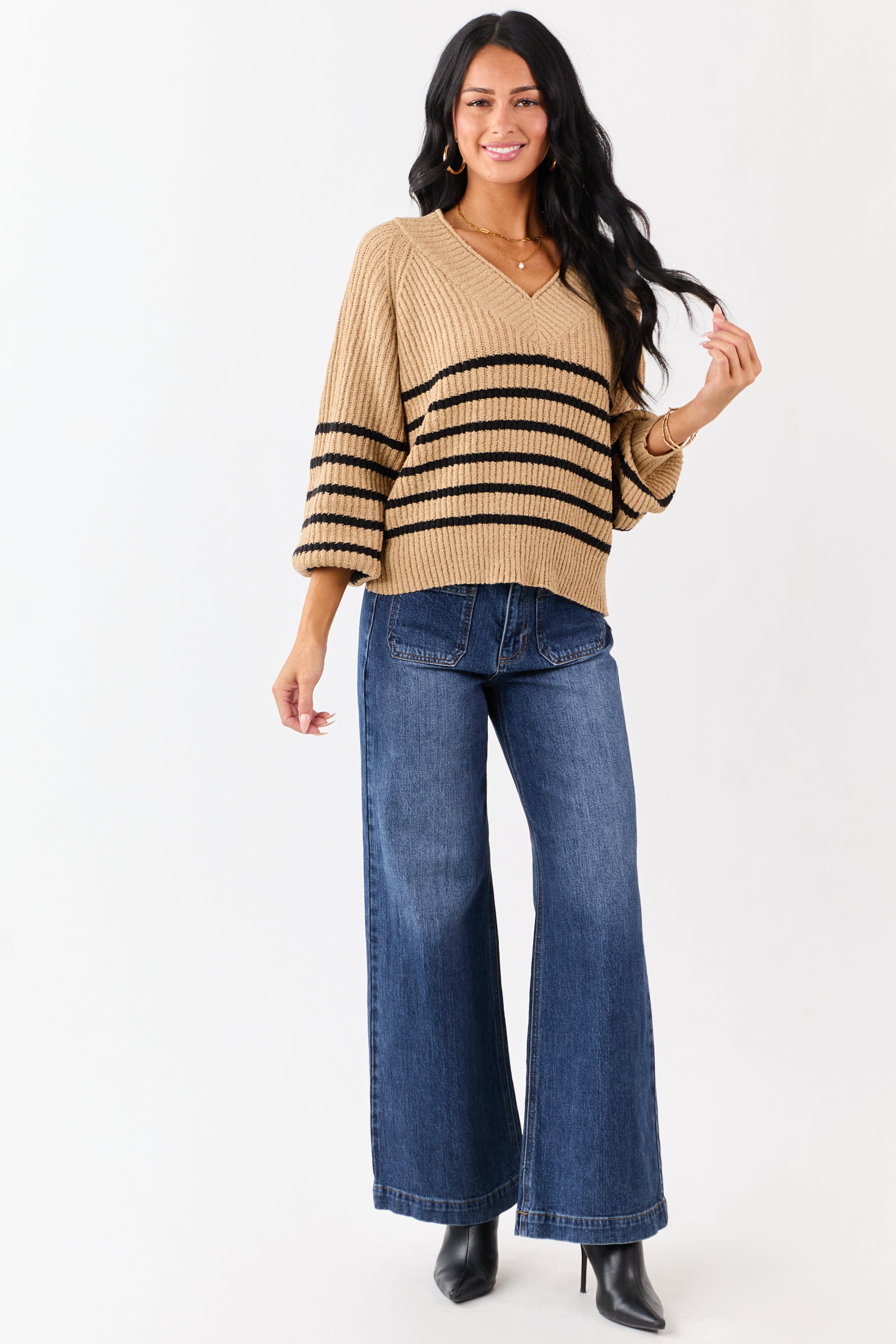 Latte Striped V-Neck Long Puff Sleeve Ribbed Sweater