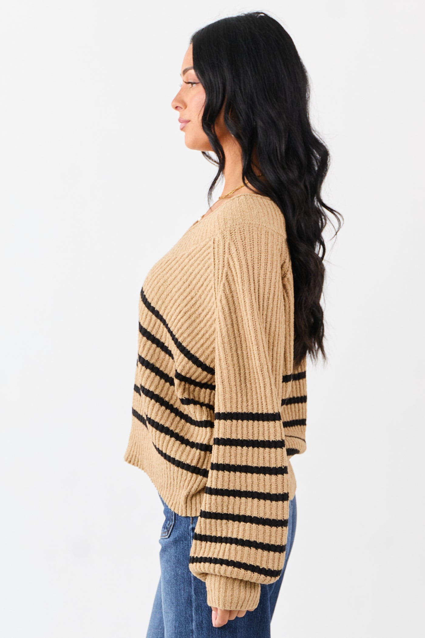 Latte Striped V-Neck Long Puff Sleeve Ribbed Sweater