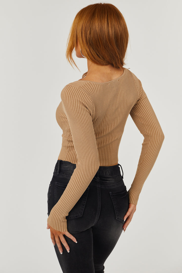 Latte Sweetheart Neck Cropped Ribbed Knit Top