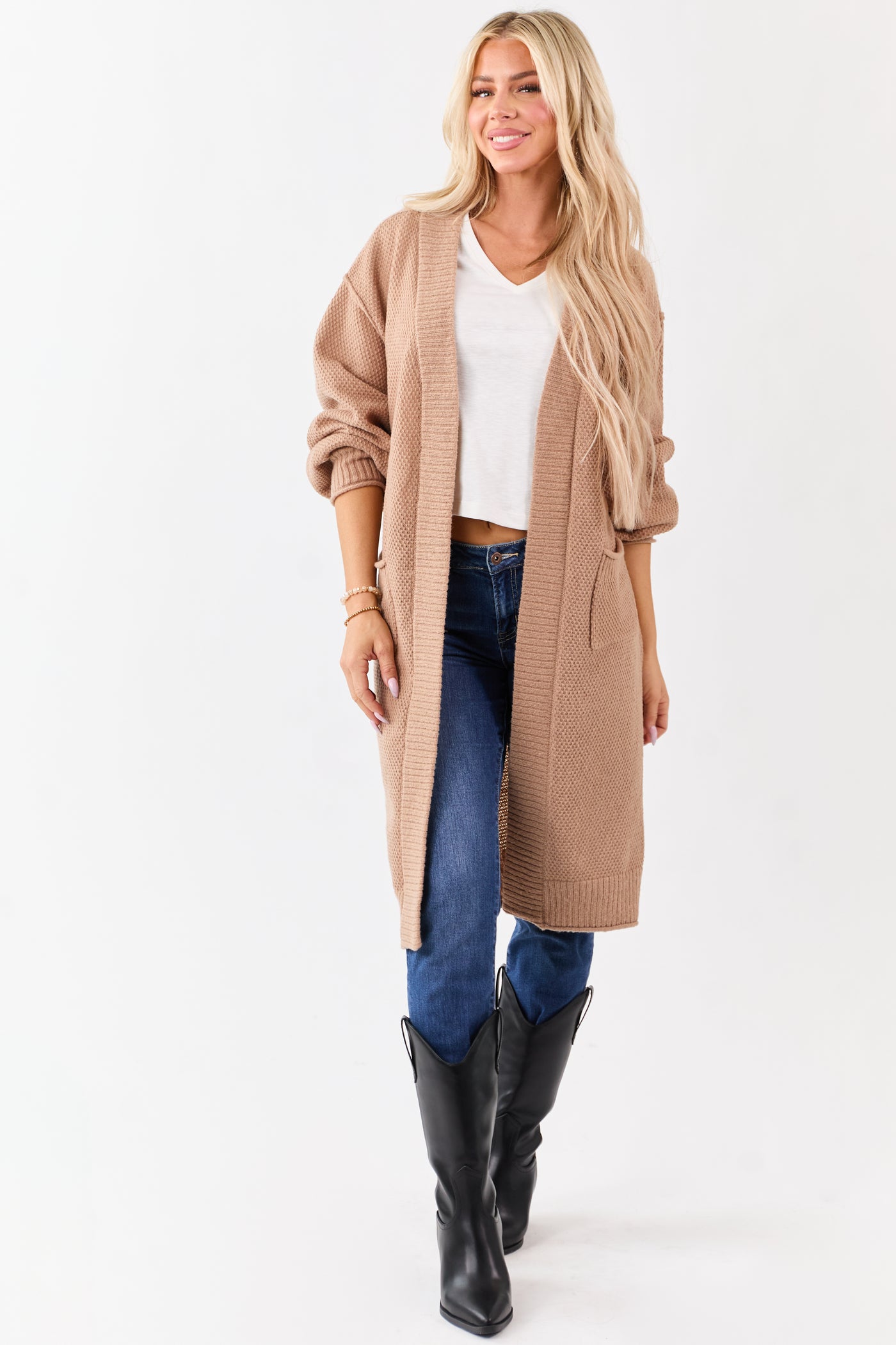 Latte Textured Knit Open Front Duster Cardigan