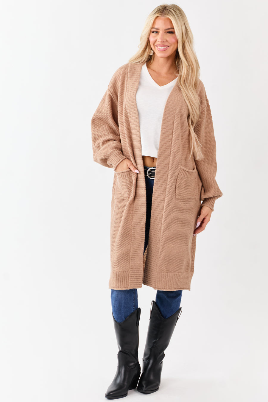 Latte Textured Knit Open Front Duster Cardigan