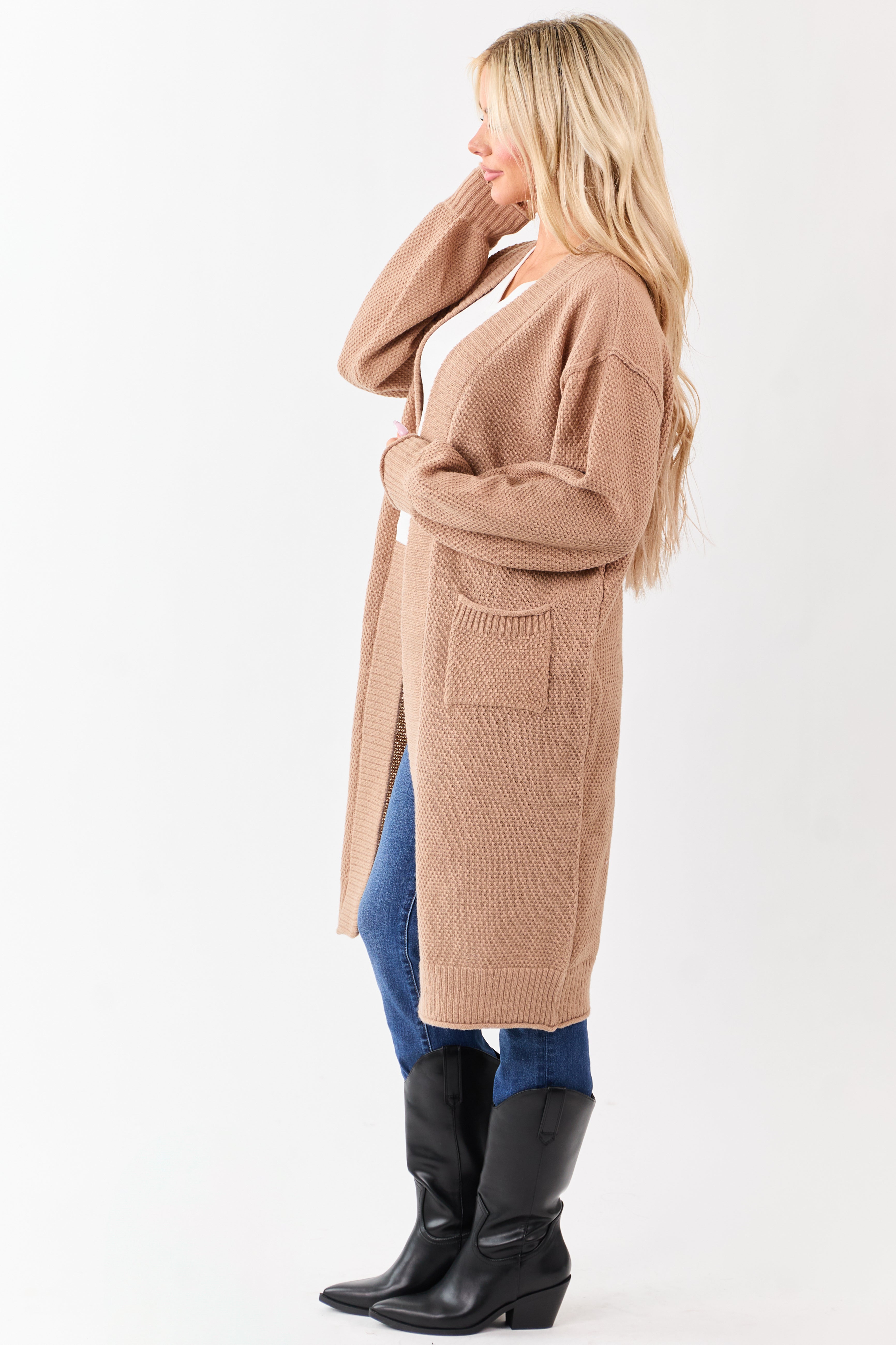 Latte Textured Knit Open Front Duster Cardigan