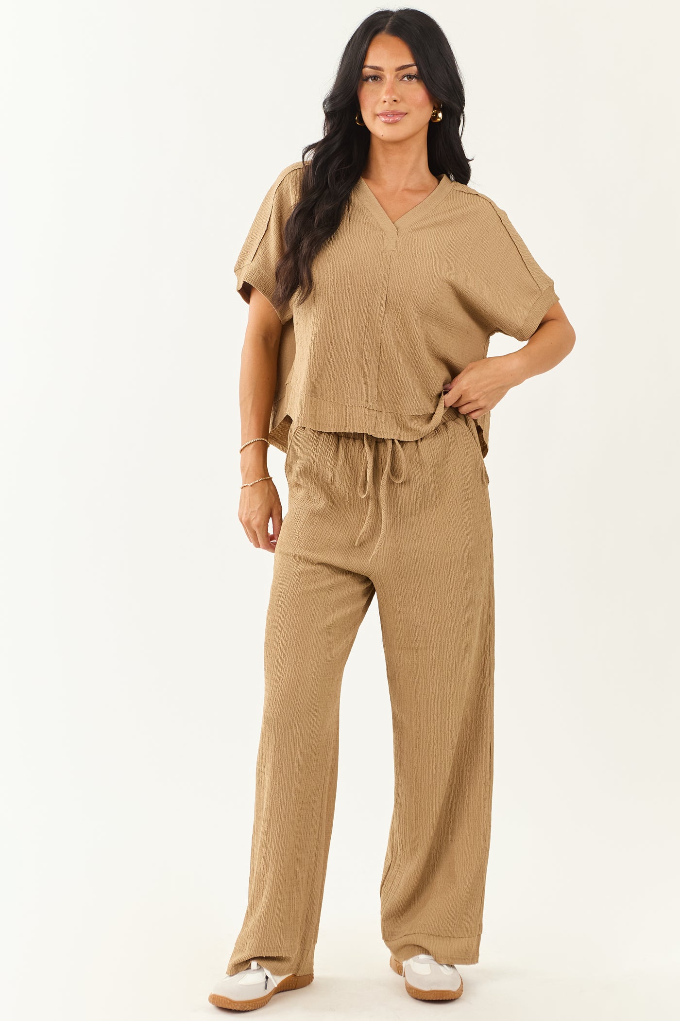 Latte Textured Knit Short Sleeve Top and Pants Set