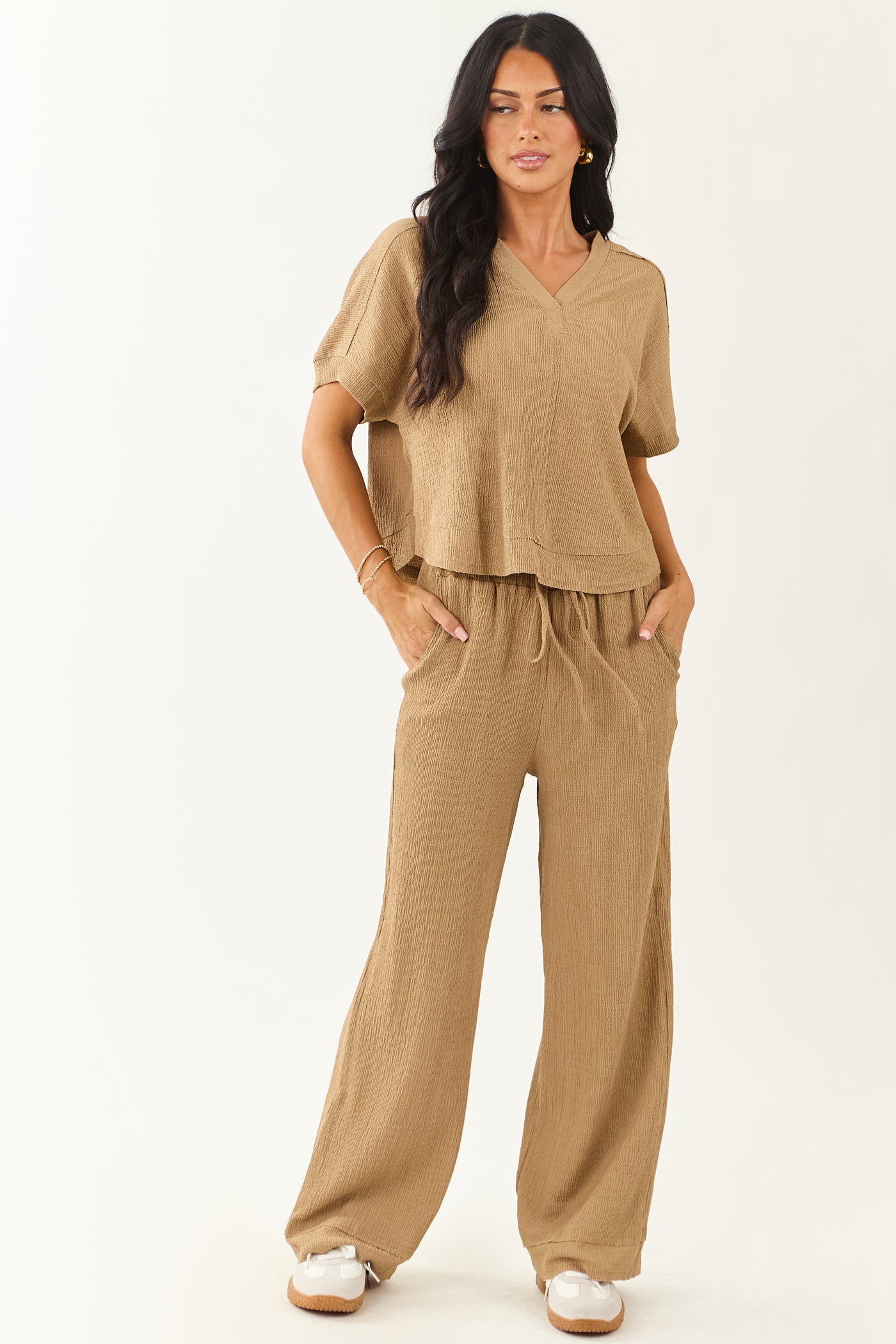Latte Textured Knit Short Sleeve Top and Pants Set