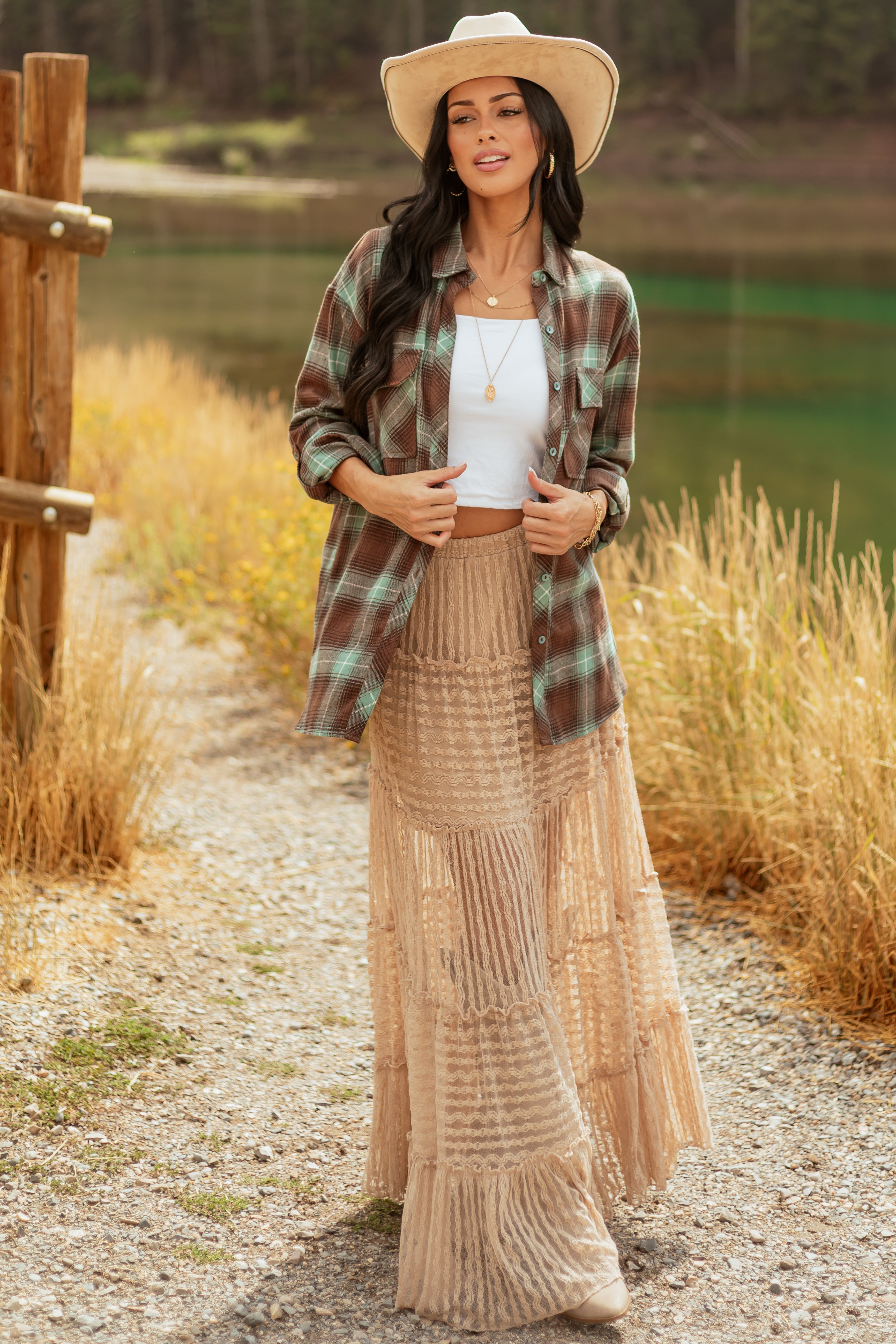 Latte Tiered Frill Lace Flowy Maxi Skirt | Lime Lush Boutique