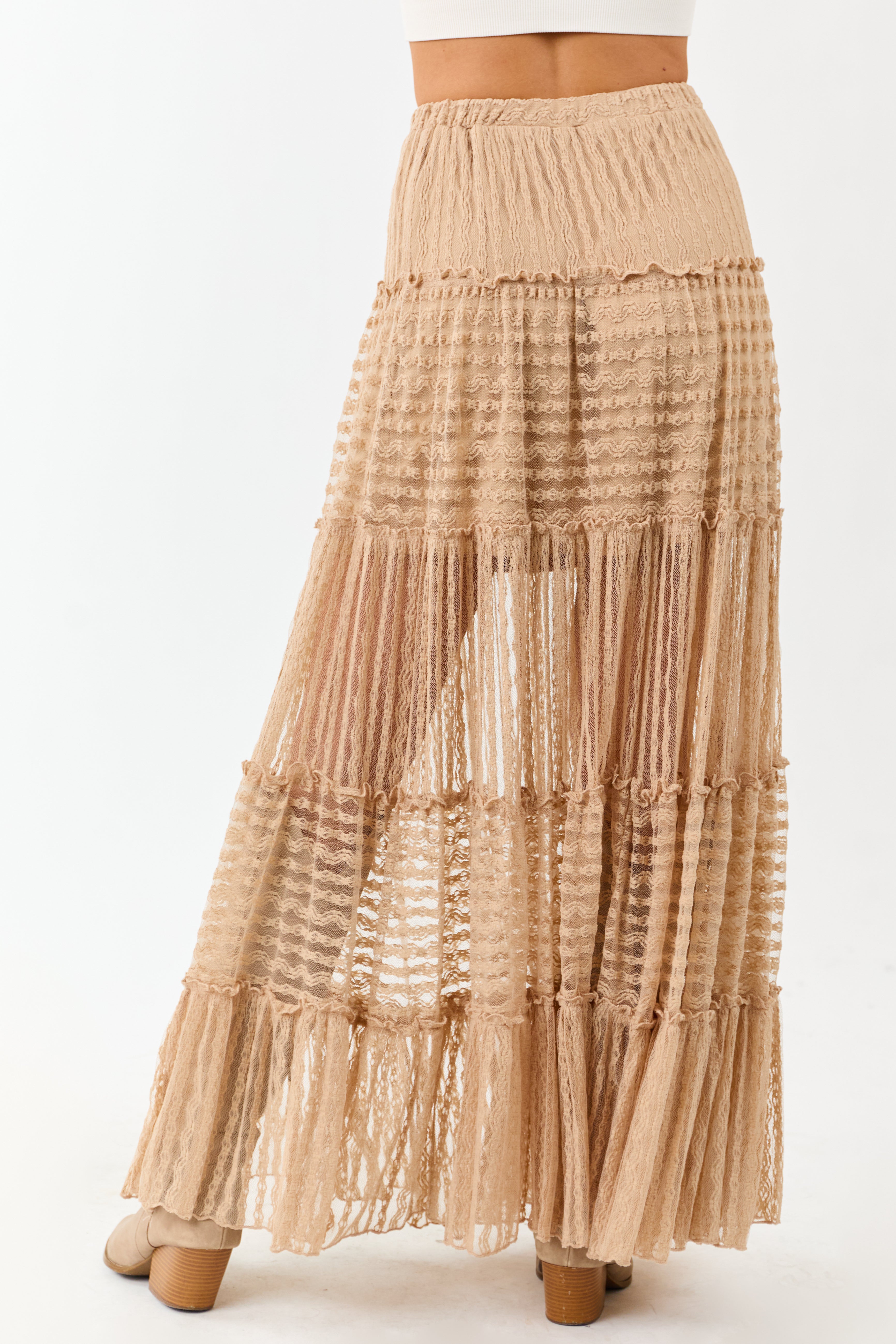 Latte Tiered Frill Lace Flowy Maxi Skirt