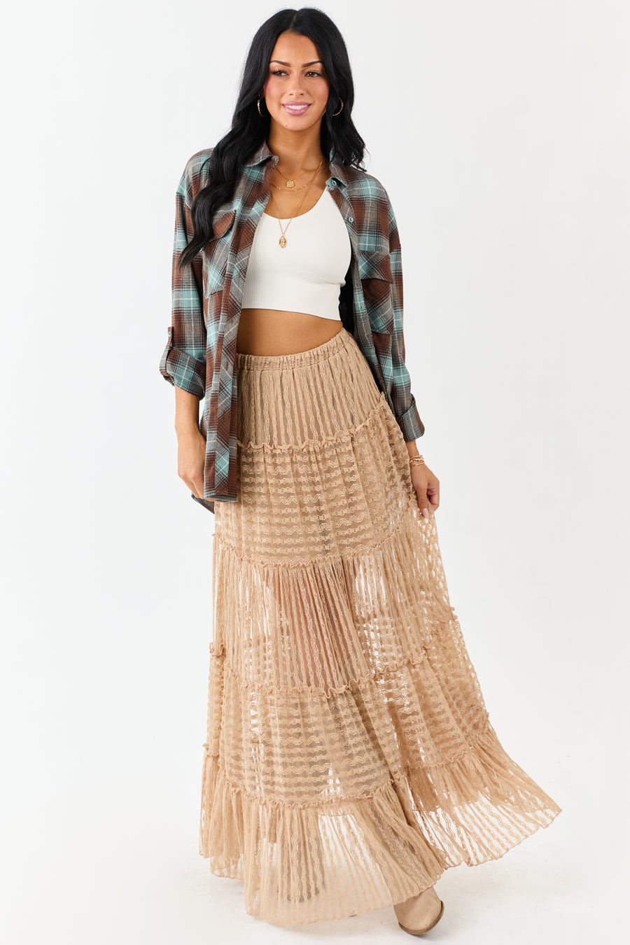 Latte Tiered Frill Lace Flowy Maxi Skirt
