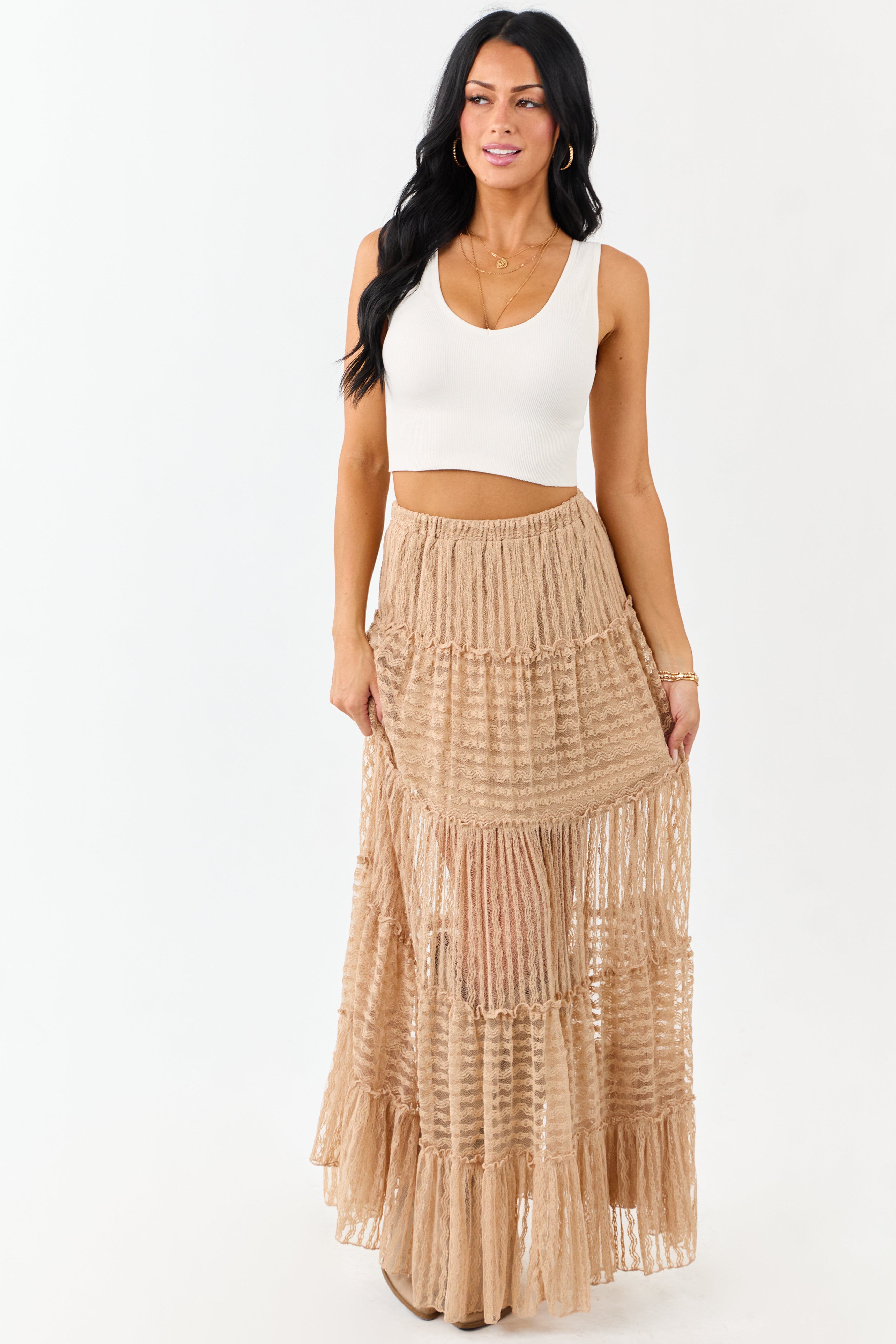 Latte Tiered Frill Lace Flowy Maxi Skirt