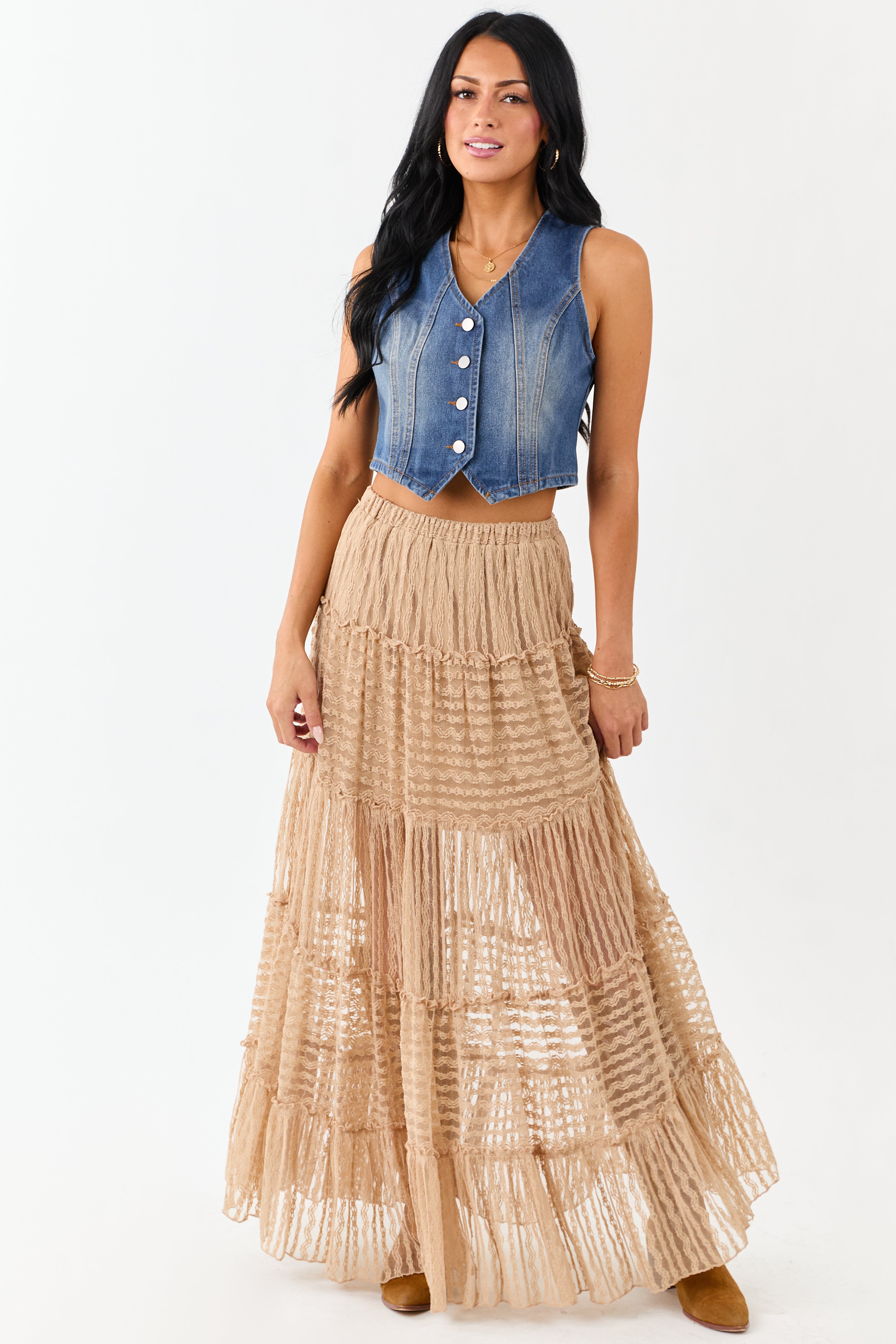 Latte Tiered Frill Lace Flowy Maxi Skirt
