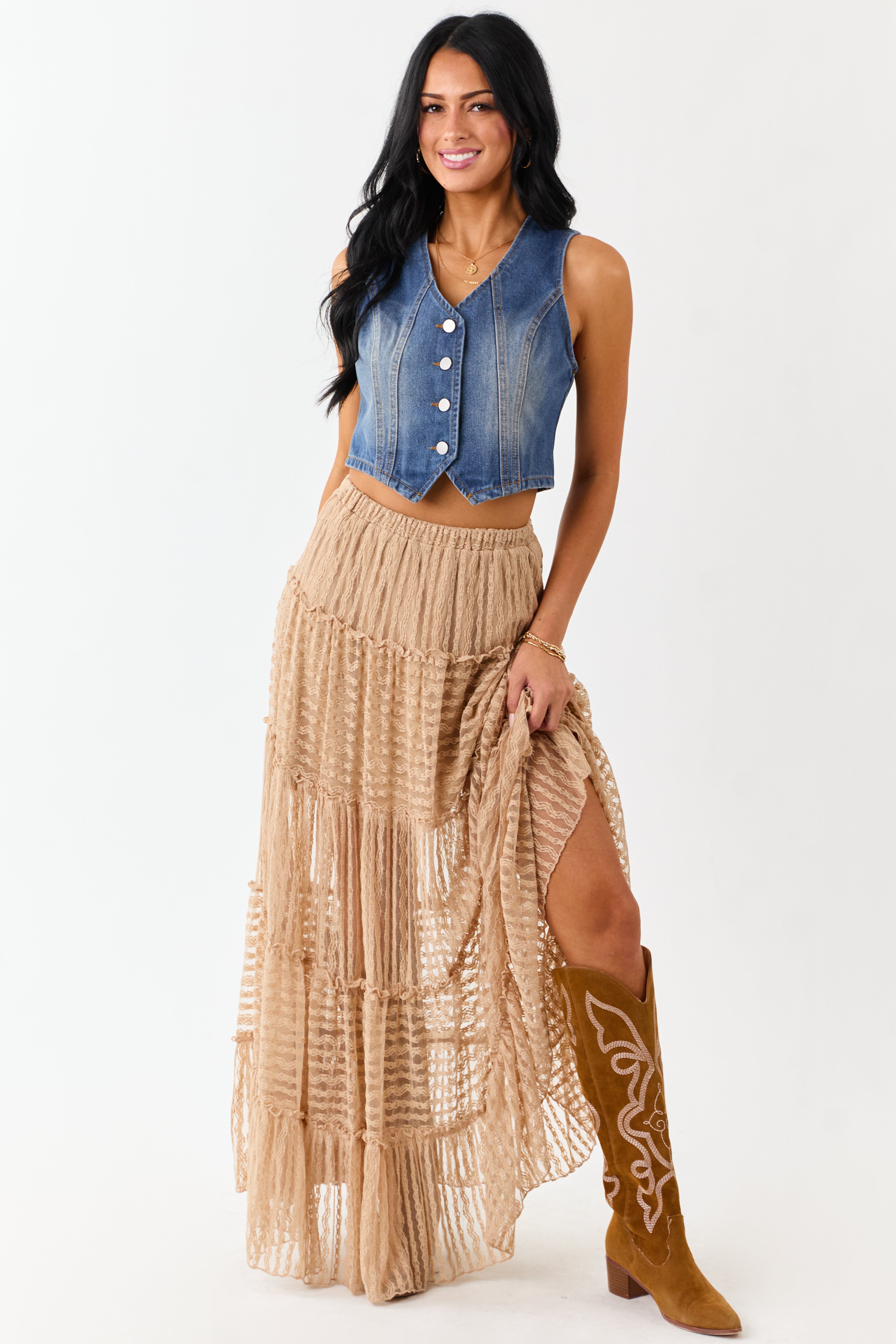 Latte Tiered Frill Lace Flowy Maxi Skirt