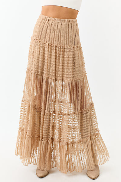 Latte Tiered Frill Lace Flowy Maxi Skirt