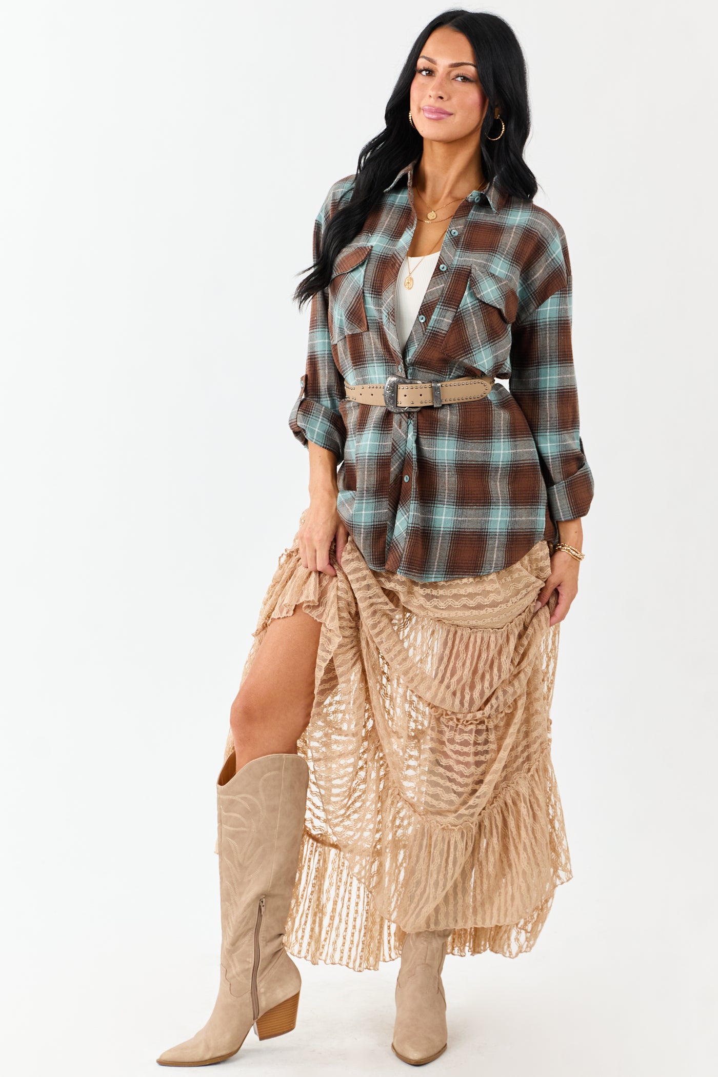 Latte Tiered Frill Lace Flowy Maxi Skirt