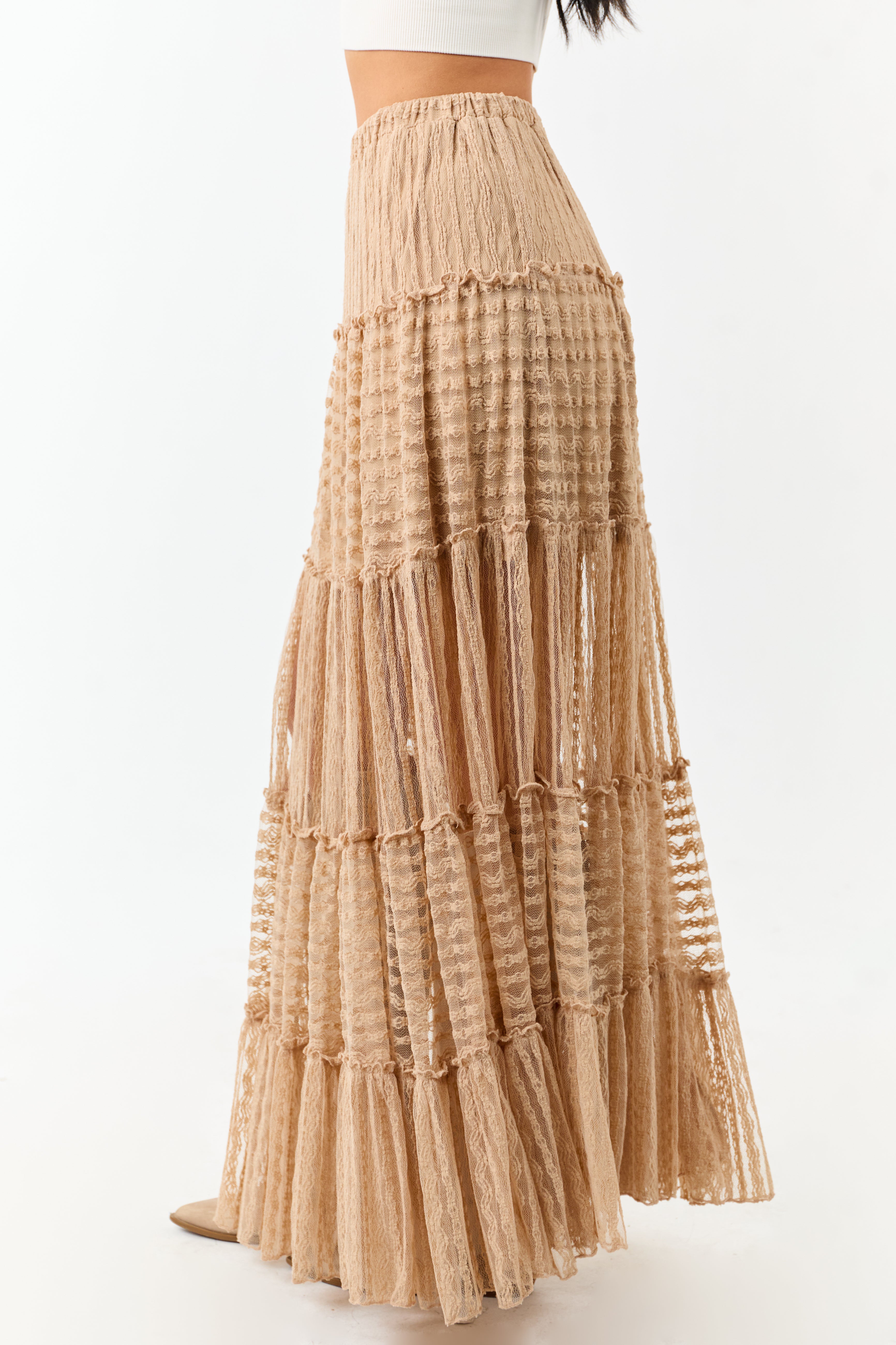 Latte Tiered Frill Lace Flowy Maxi Skirt