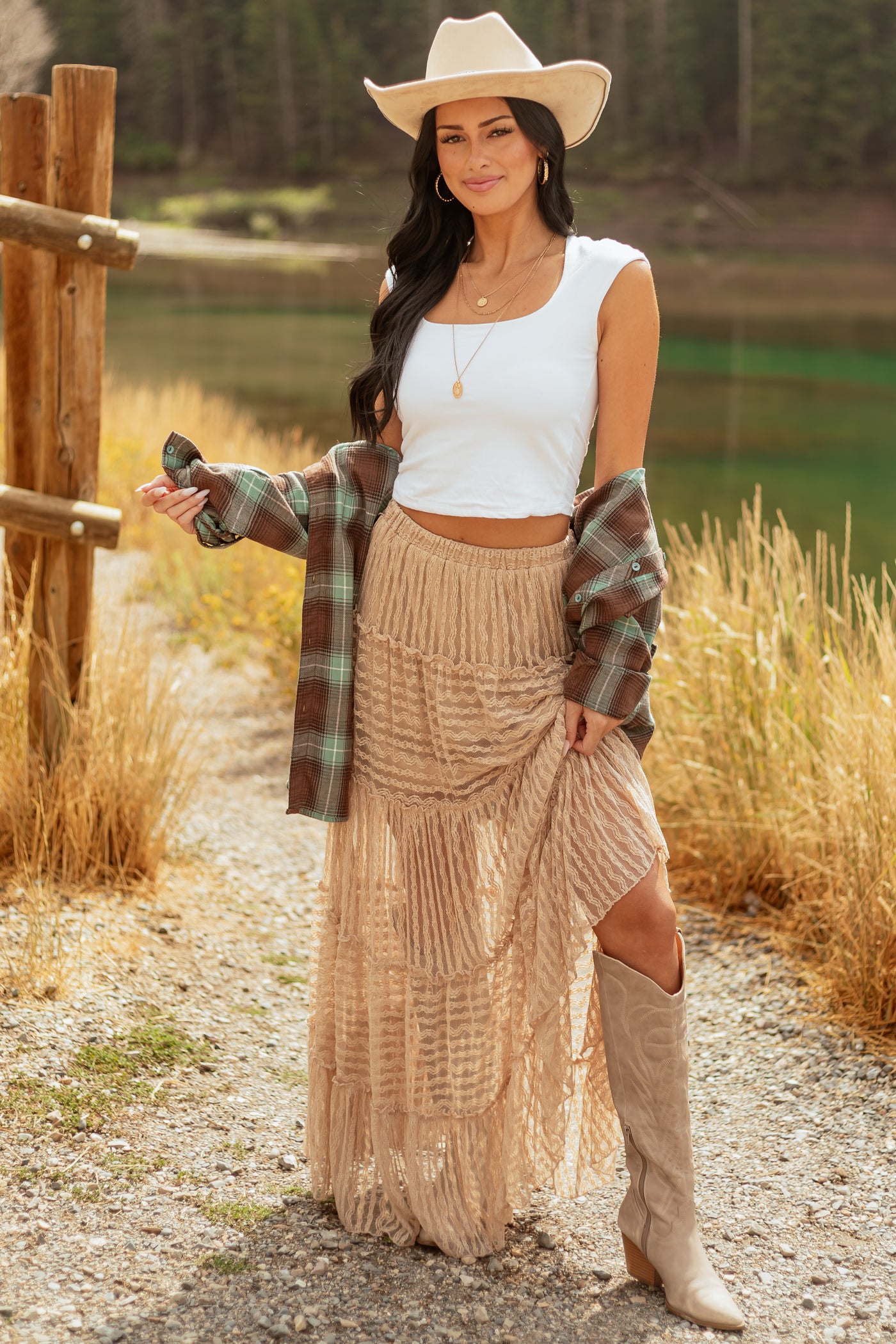 Latte Tiered Frill Lace Flowy Maxi Skirt Lime Lush Boutique