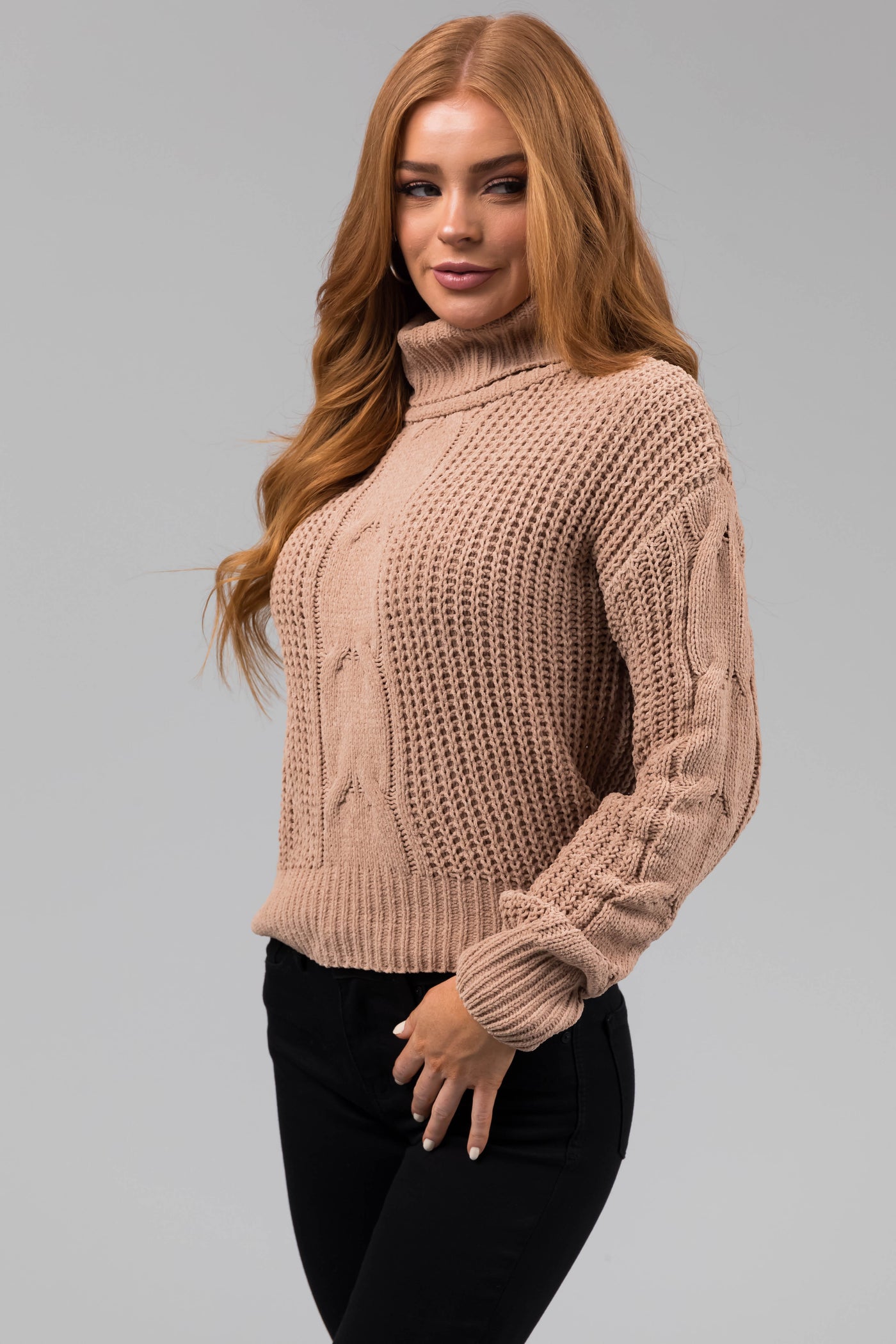 Latte Turtleneck Cable Knit Chenille Sweater
