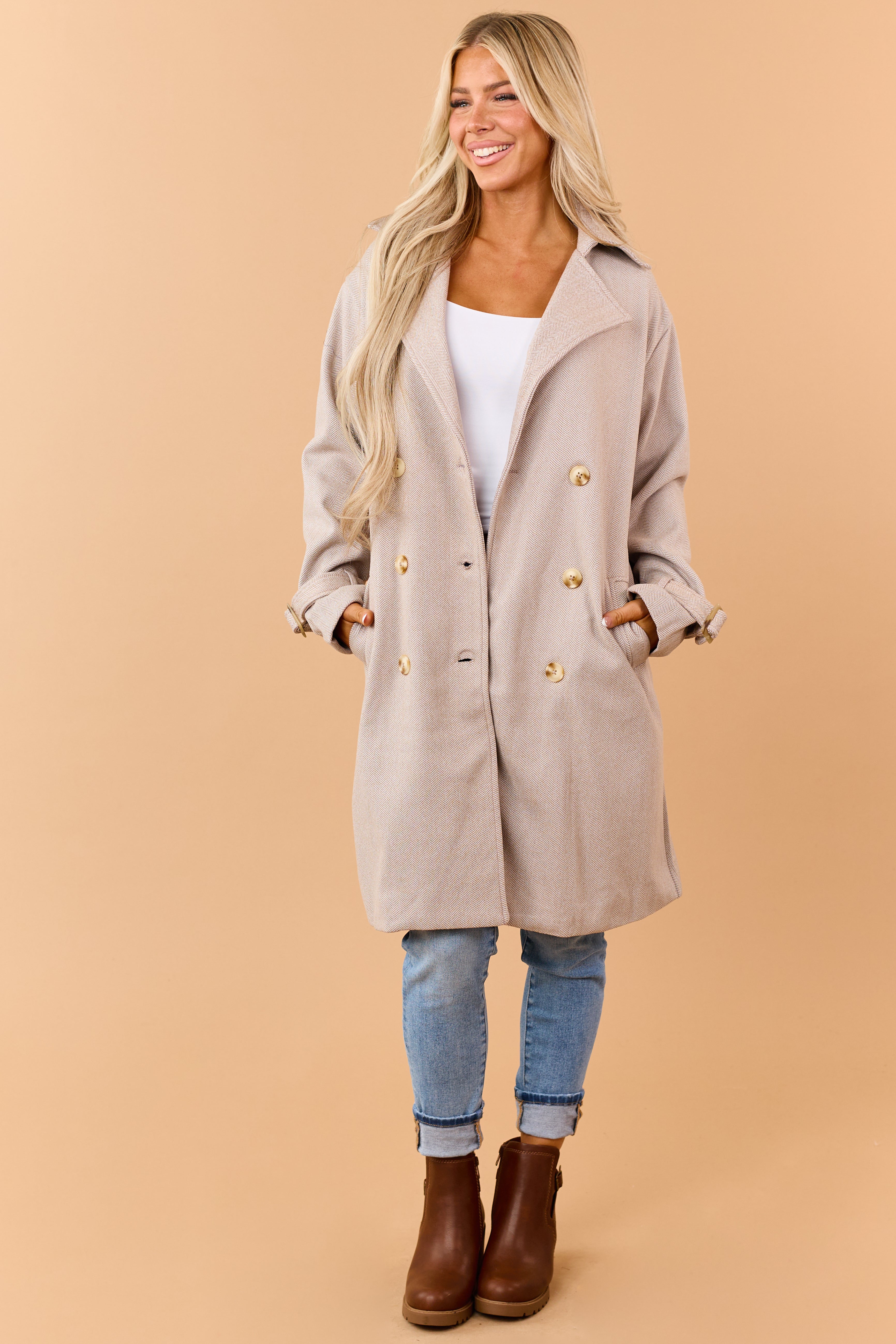 Latte Two Toned Double Breasted Trench Coat