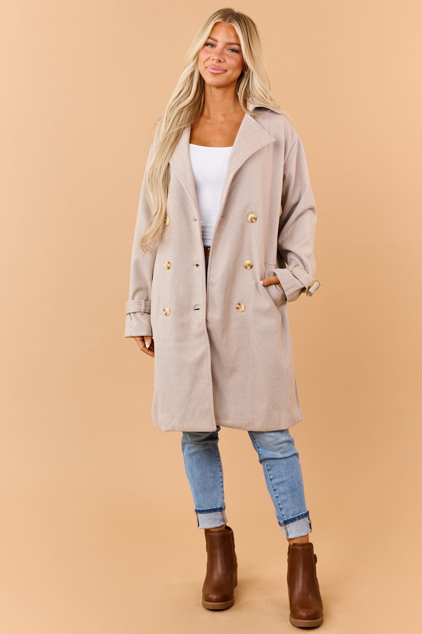 Latte Two Toned Double Breasted Trench Coat