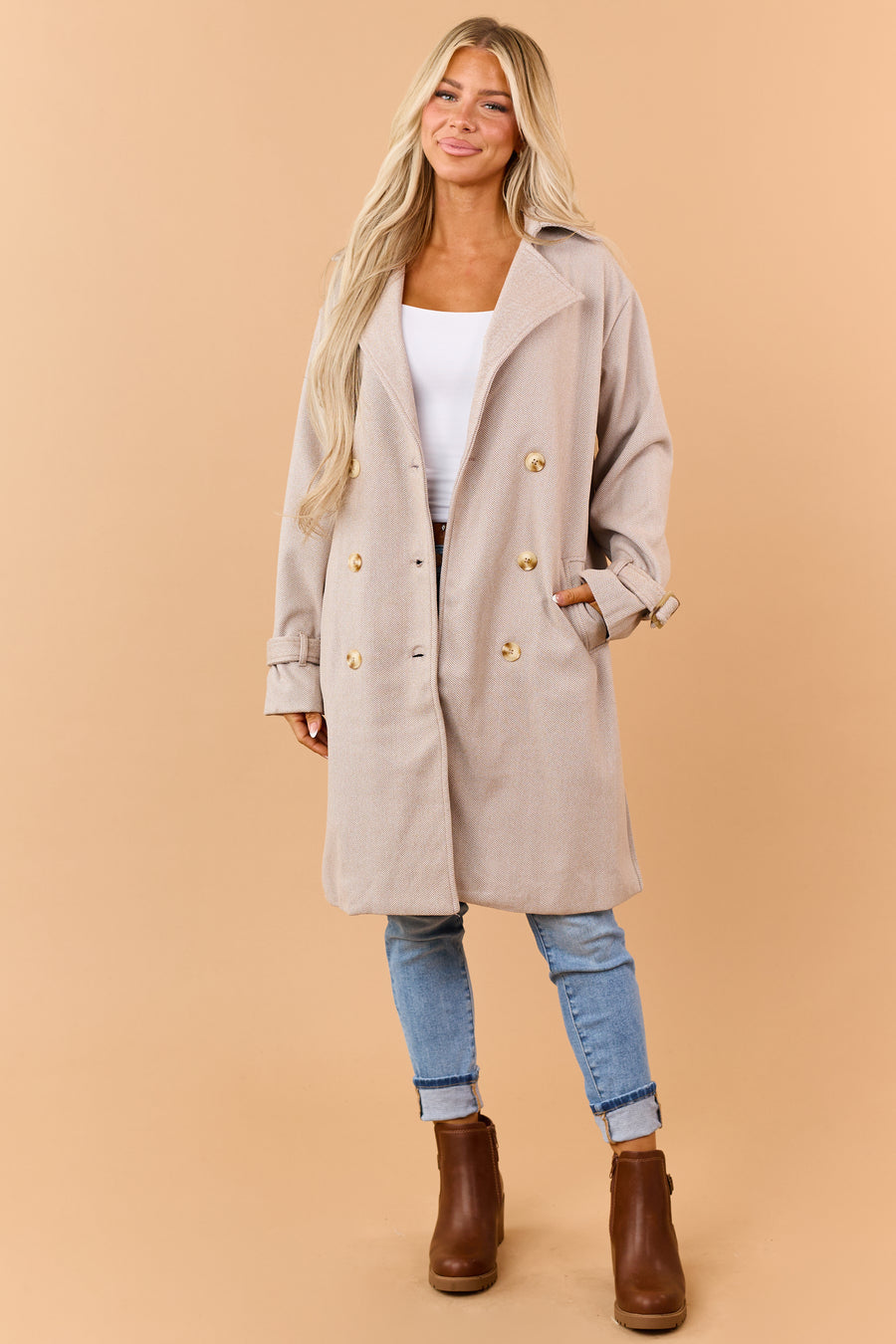 Latte Two Toned Double Breasted Trench Coat