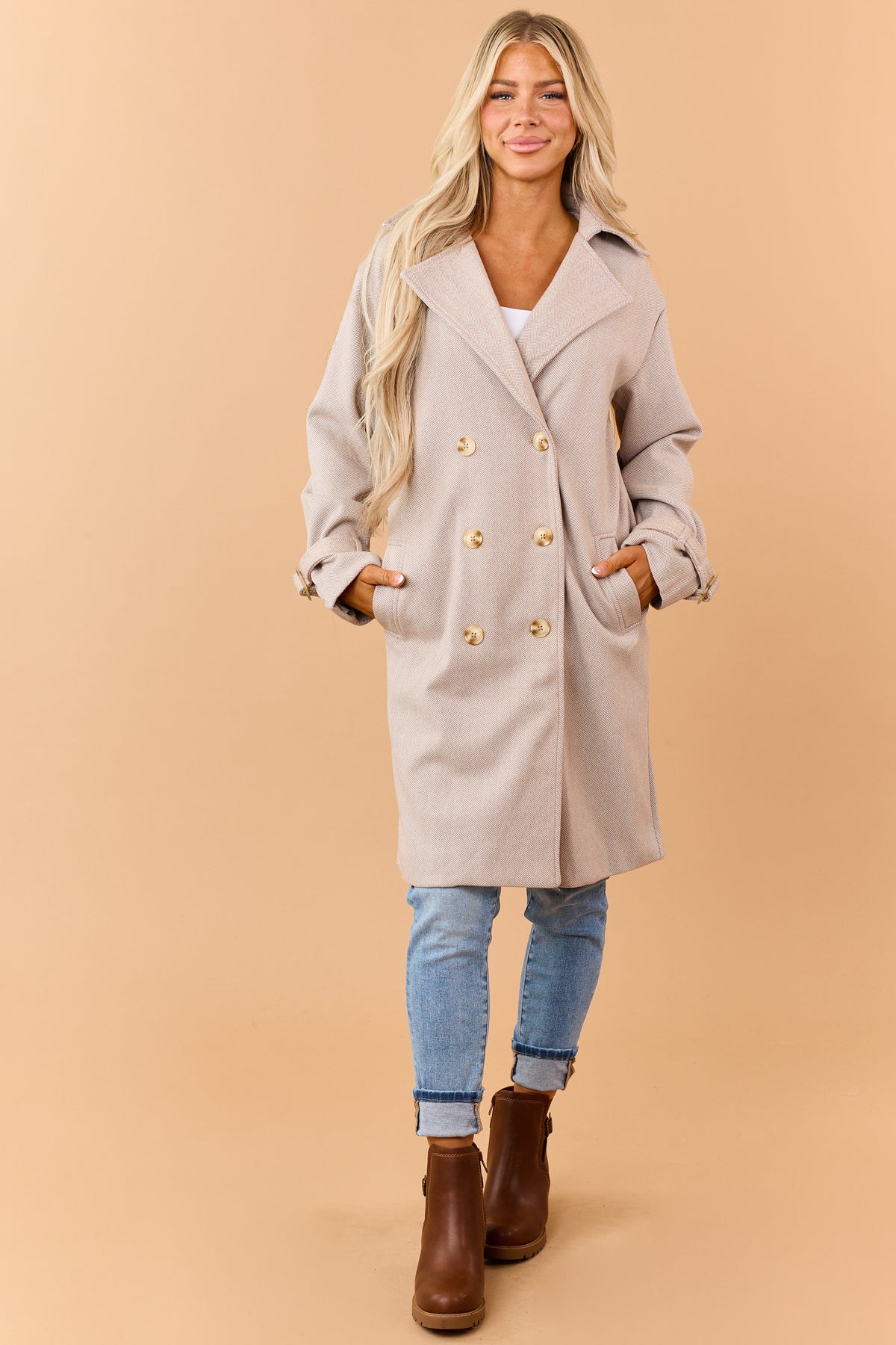 Latte Two Toned Double Breasted Trench Coat