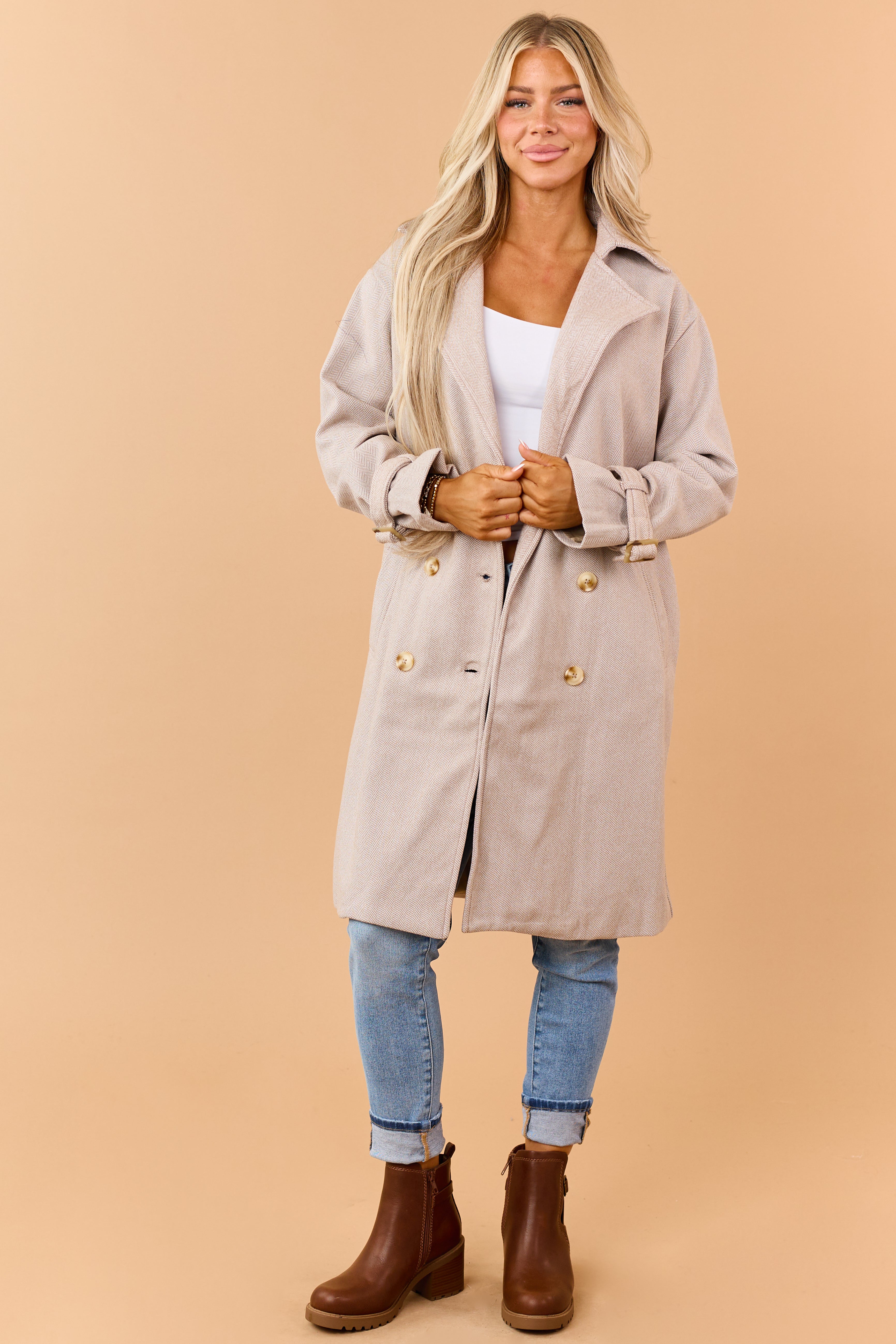 Latte Two Toned Double Breasted Trench Coat