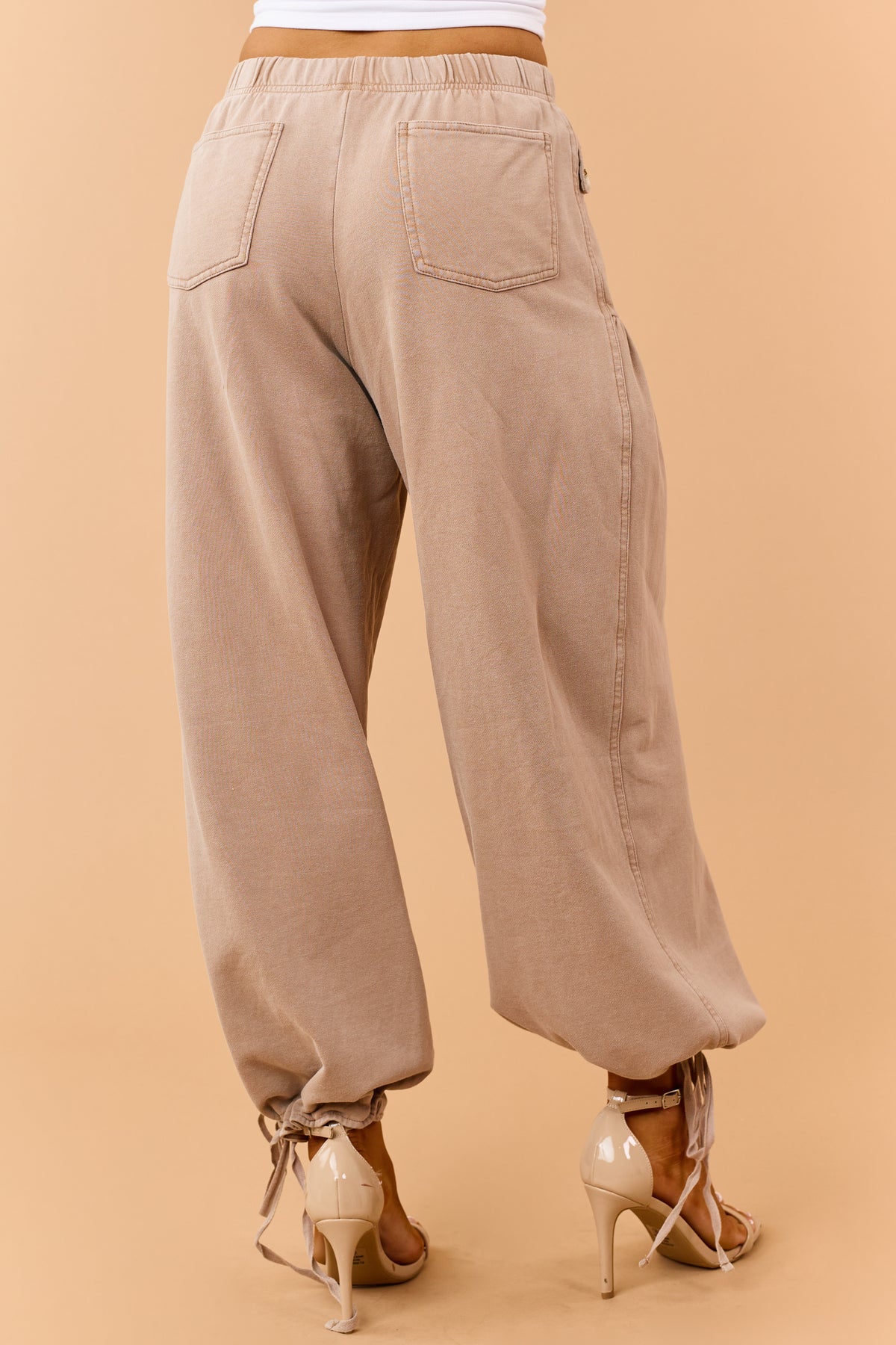 Latte Wide Leg Cinch Hem Relaxed Cotton Knit Pants