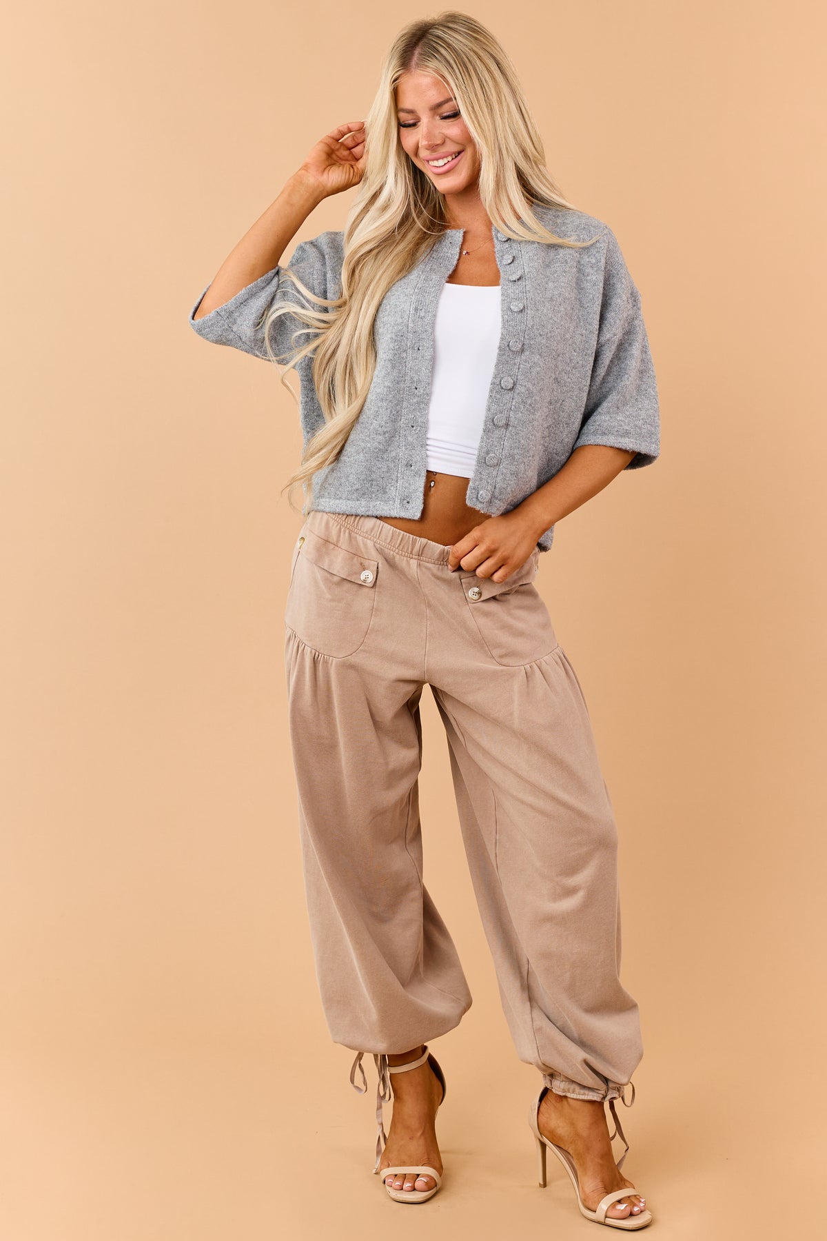 Latte Wide Leg Cinch Hem Relaxed Cotton Knit Pants