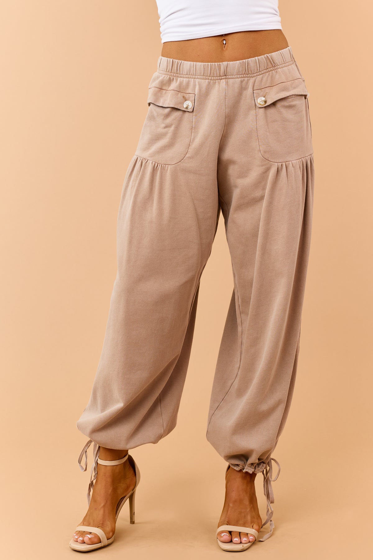 Latte Wide Leg Cinch Hem Relaxed Cotton Knit Pants