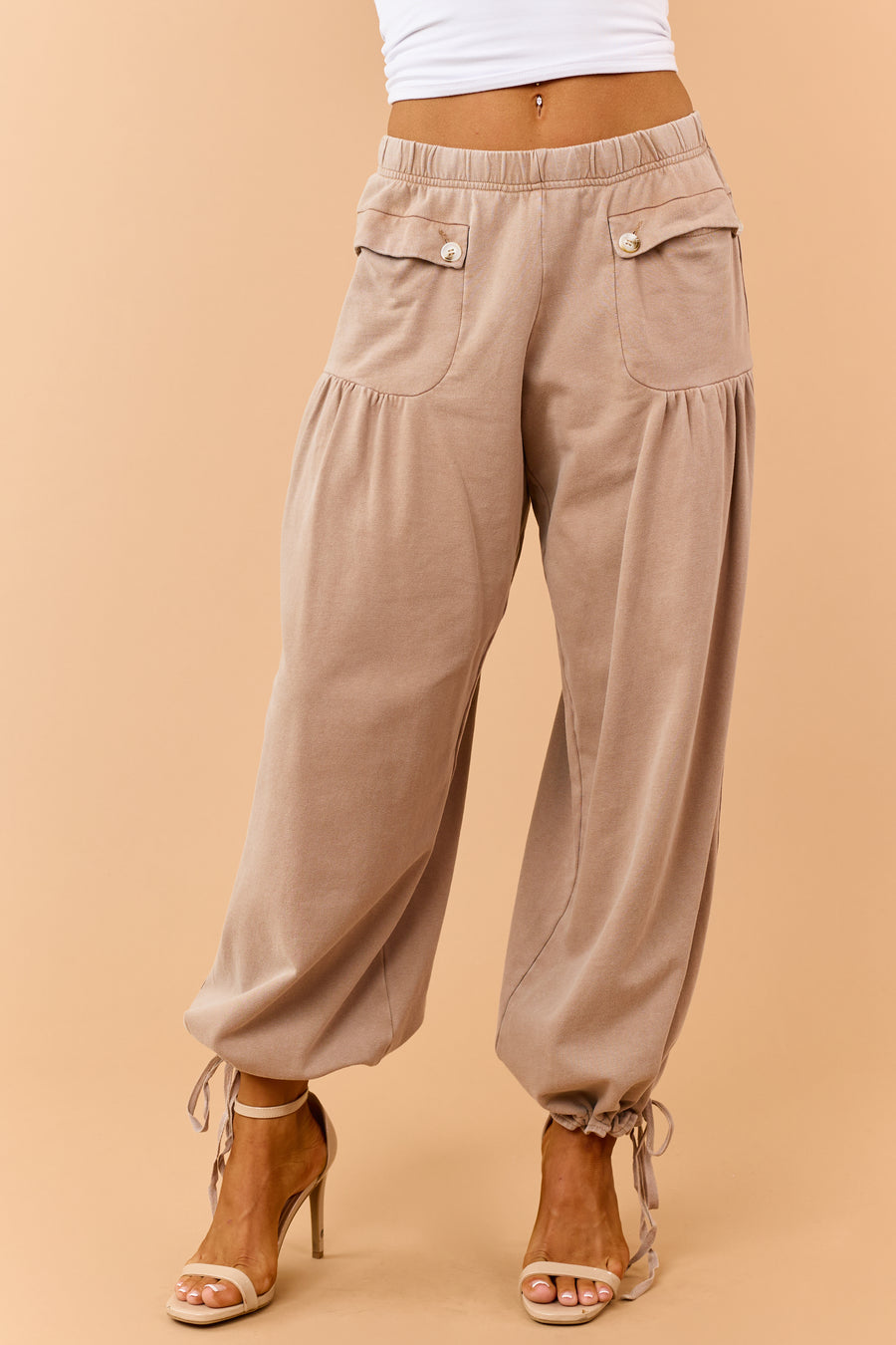 Latte Wide Leg Cinch Hem Relaxed Cotton Knit Pants