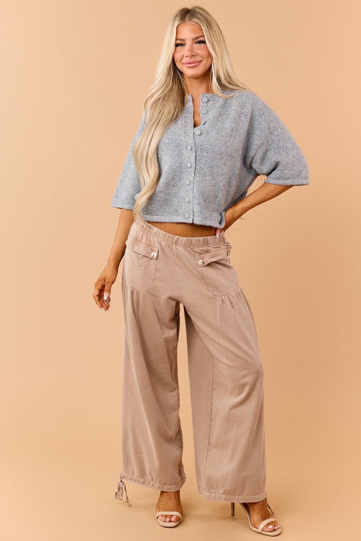 Latte Wide Leg Cinch Hem Relaxed Cotton Knit Pants