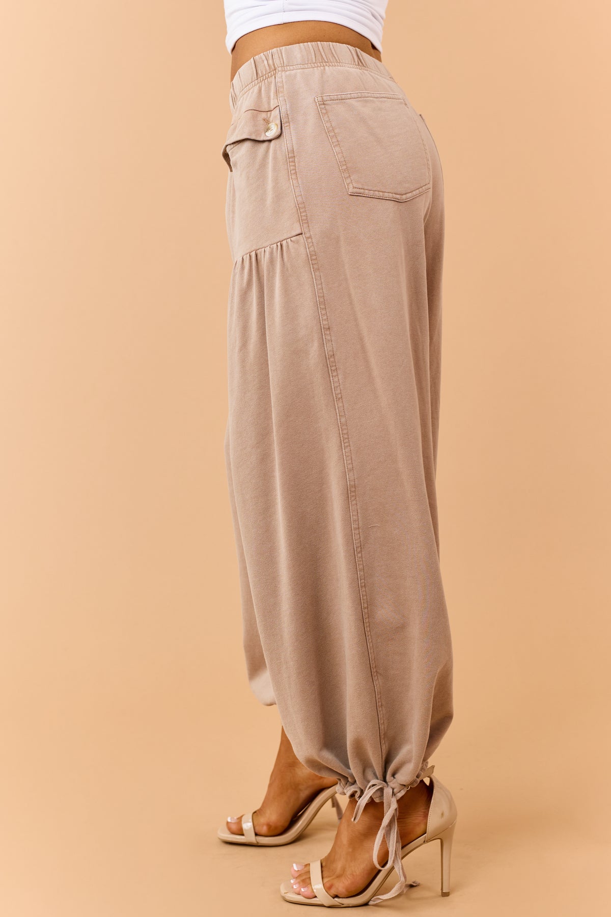 Latte Wide Leg Cinch Hem Relaxed Cotton Knit Pants