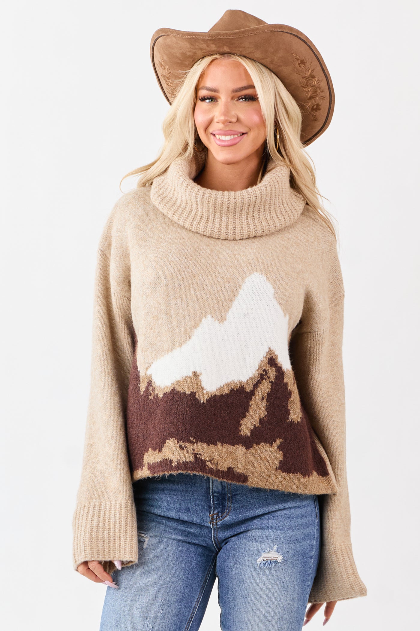 Latte Wool Blend Mountain Graphic Turtleneck Sweater