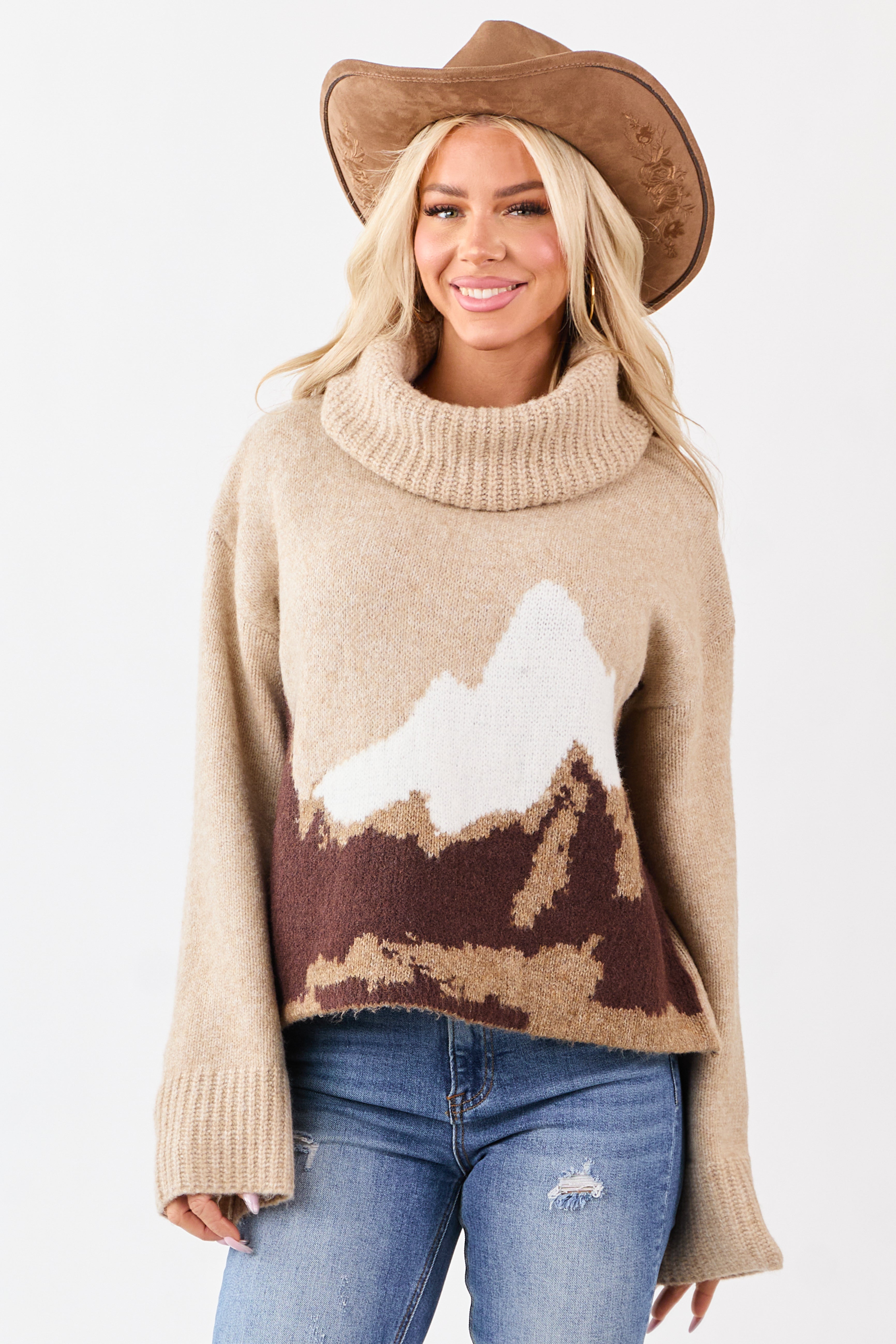 Latte Wool Blend Mountain Graphic Turtleneck Sweater