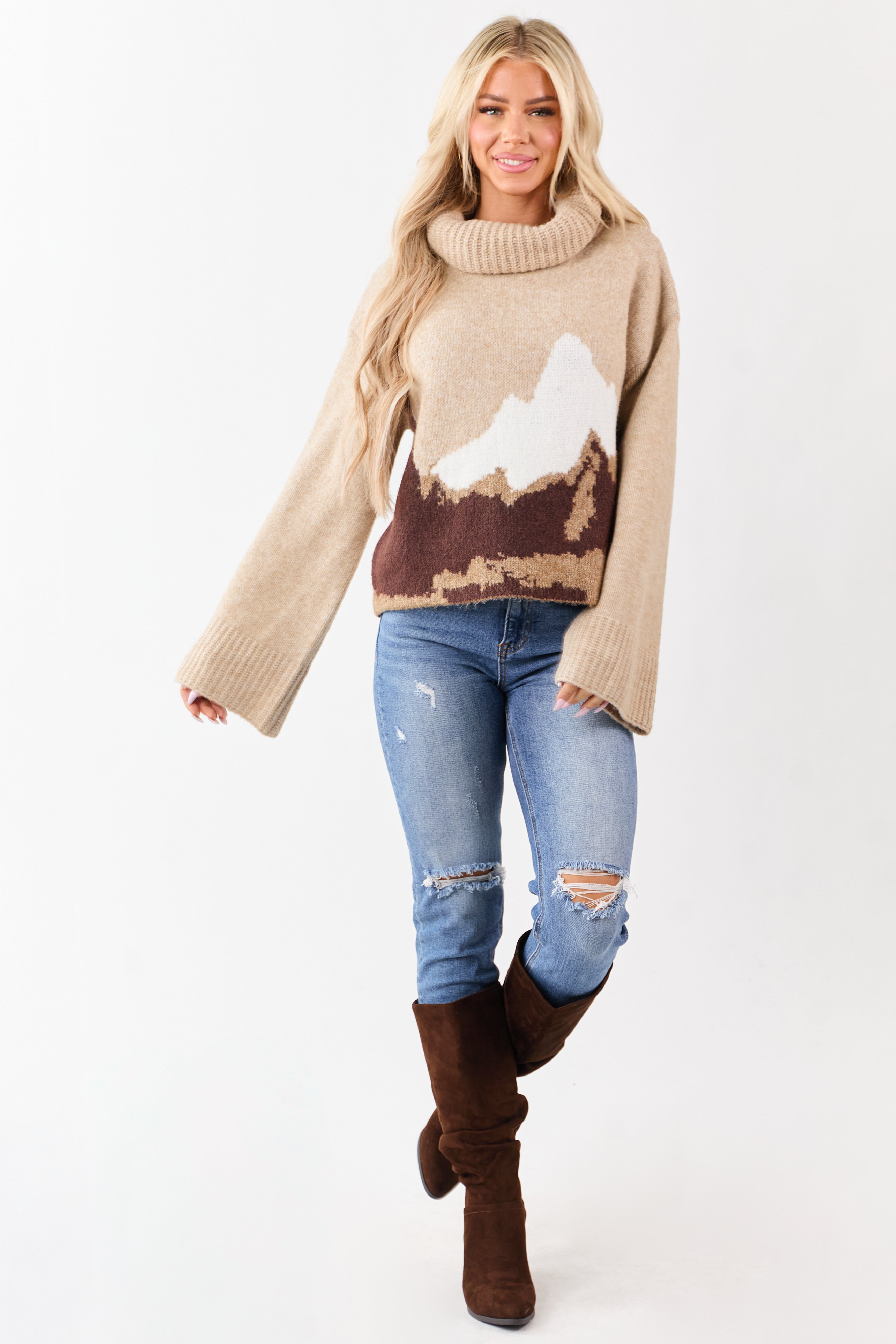 Latte Wool Blend Mountain Graphic Turtleneck Sweater