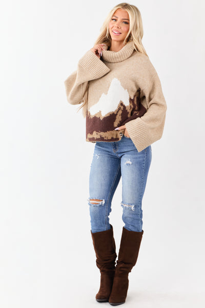 Latte Wool Blend Mountain Graphic Turtleneck Sweater