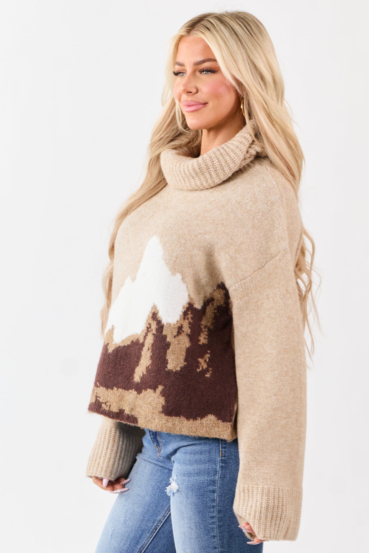 Latte Wool Blend Mountain Graphic Turtleneck Sweater