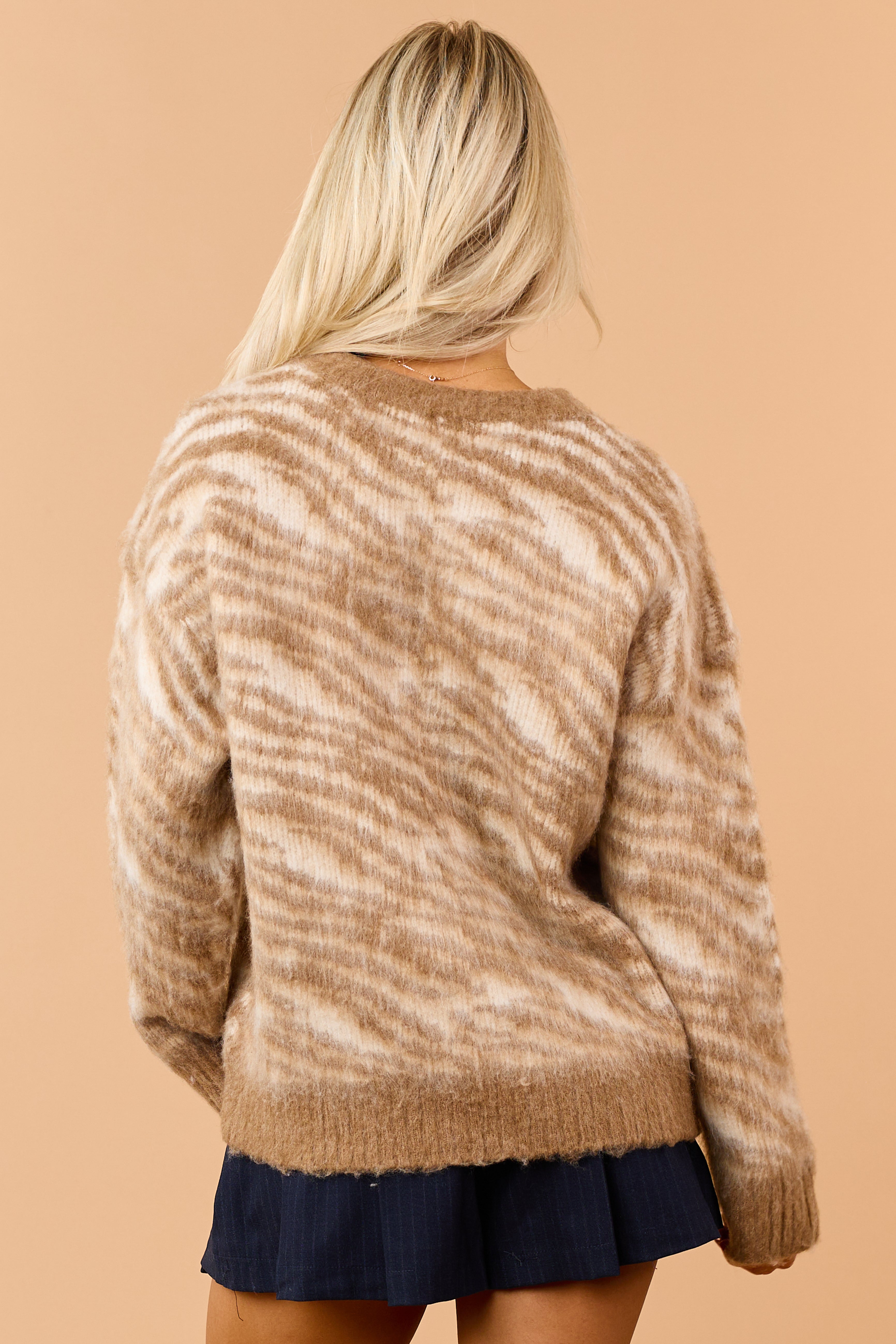 Latte Zebra Pattern Brushed Knit Relaxed Sweater