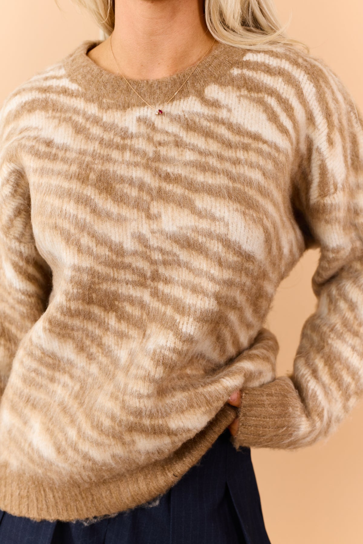 Latte Zebra Pattern Brushed Knit Relaxed Sweater