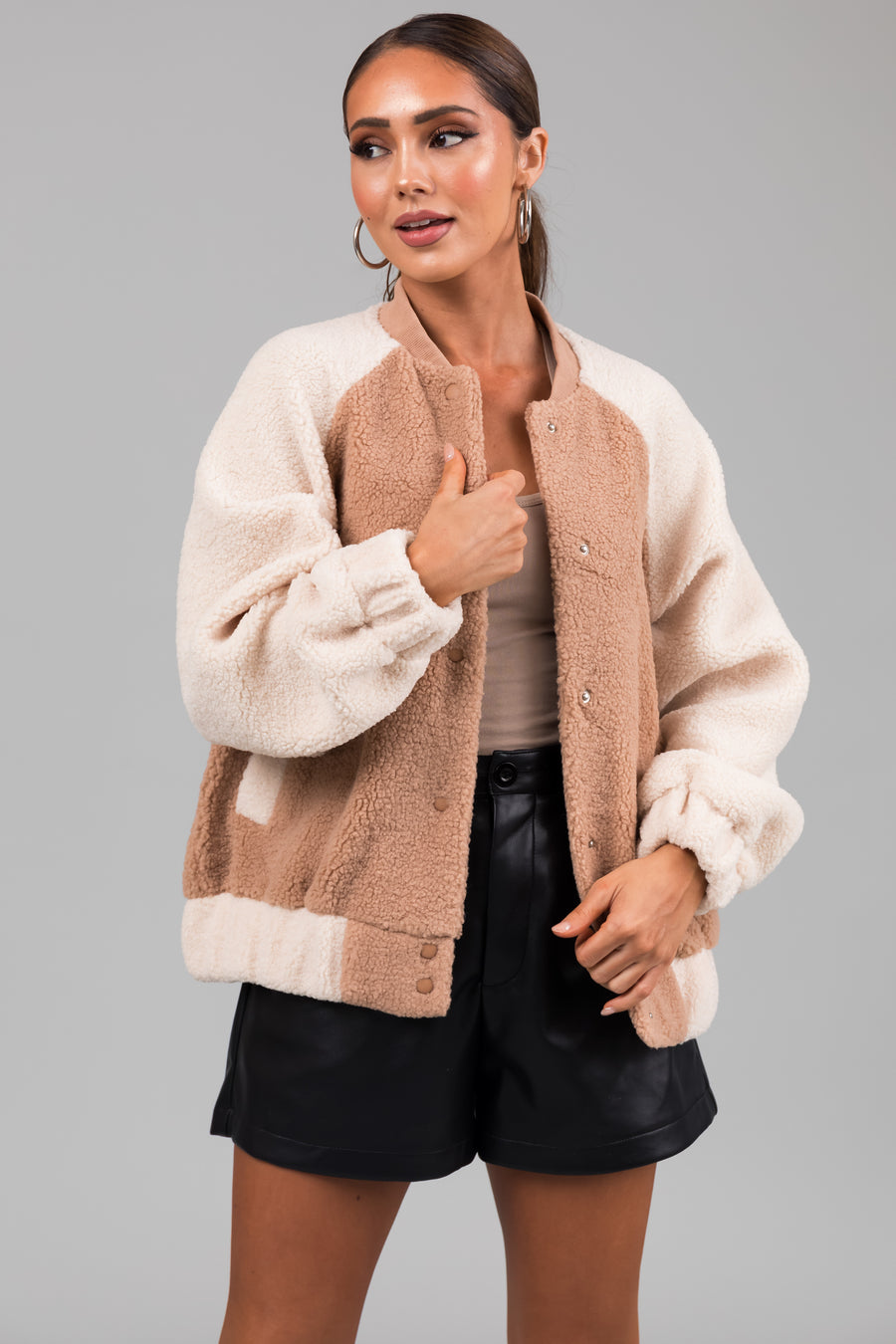 Latte and Cream Contrast Sherpa Jacket