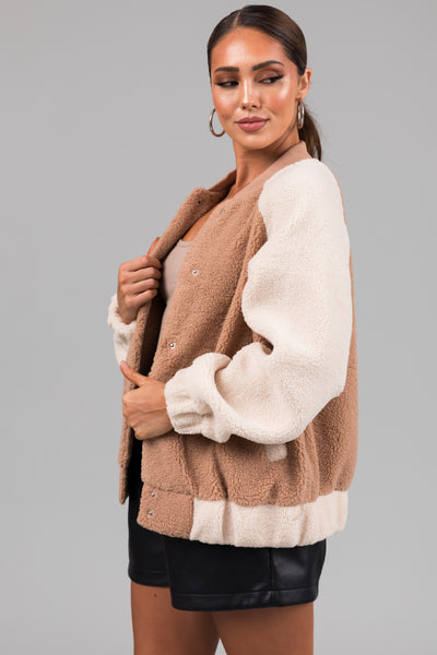 Latte and Cream Contrast Sherpa Jacket