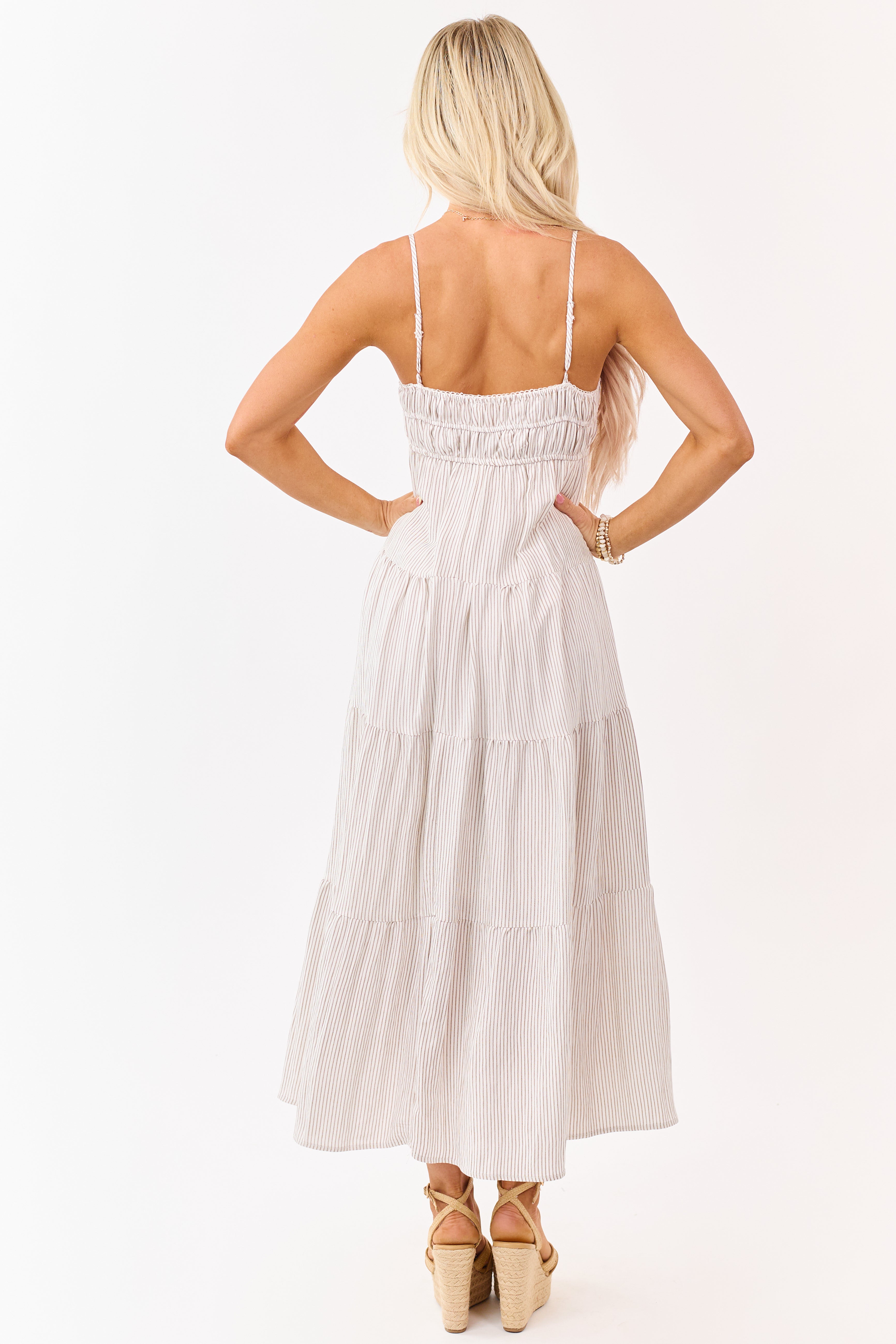 Latte and Ivory Striped Babydoll Tiered Midi Dress | Lime Lush