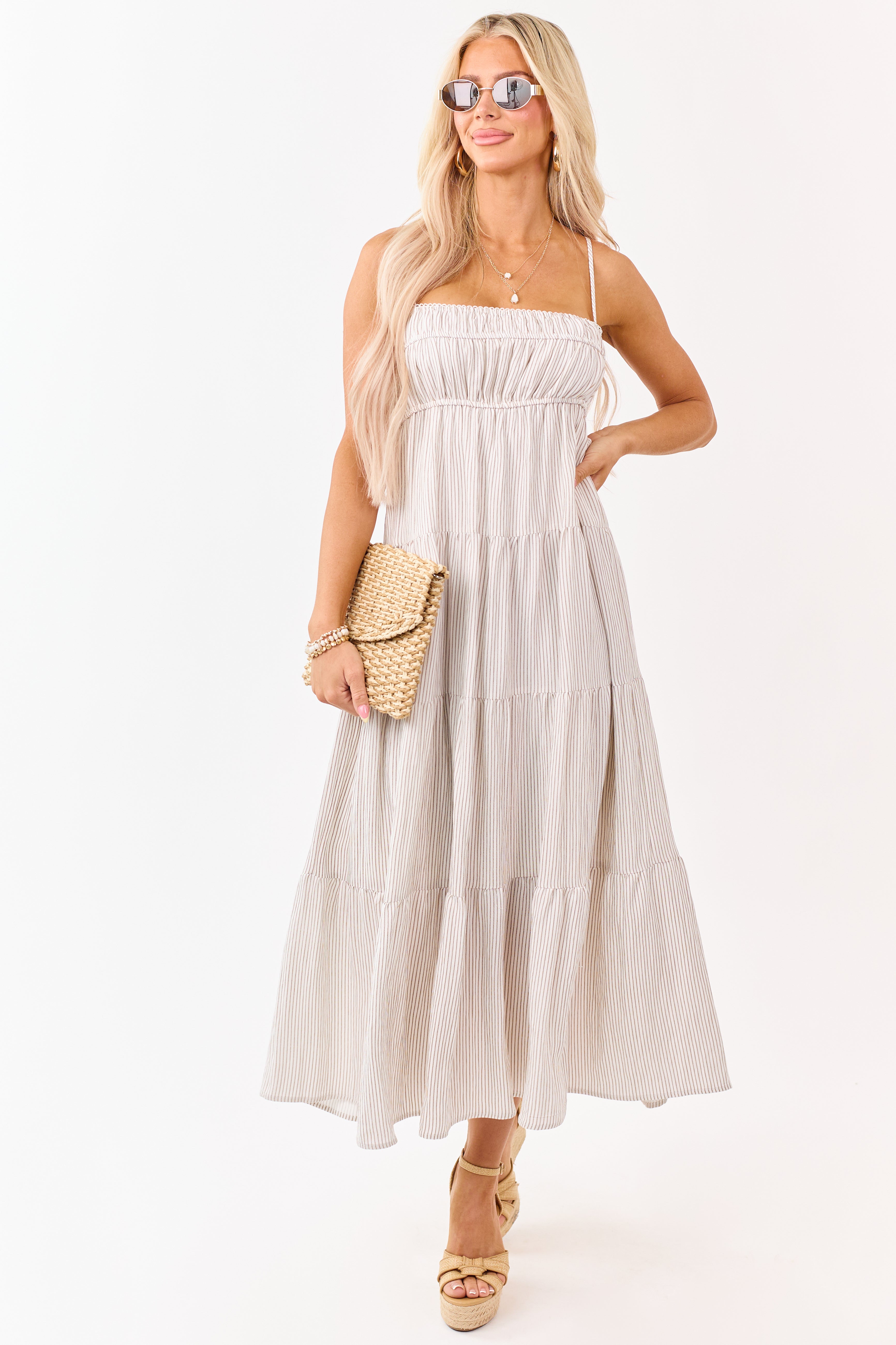 white tiered midi dress Latte and Ivory Striped Babydoll Tiered Midi Dress