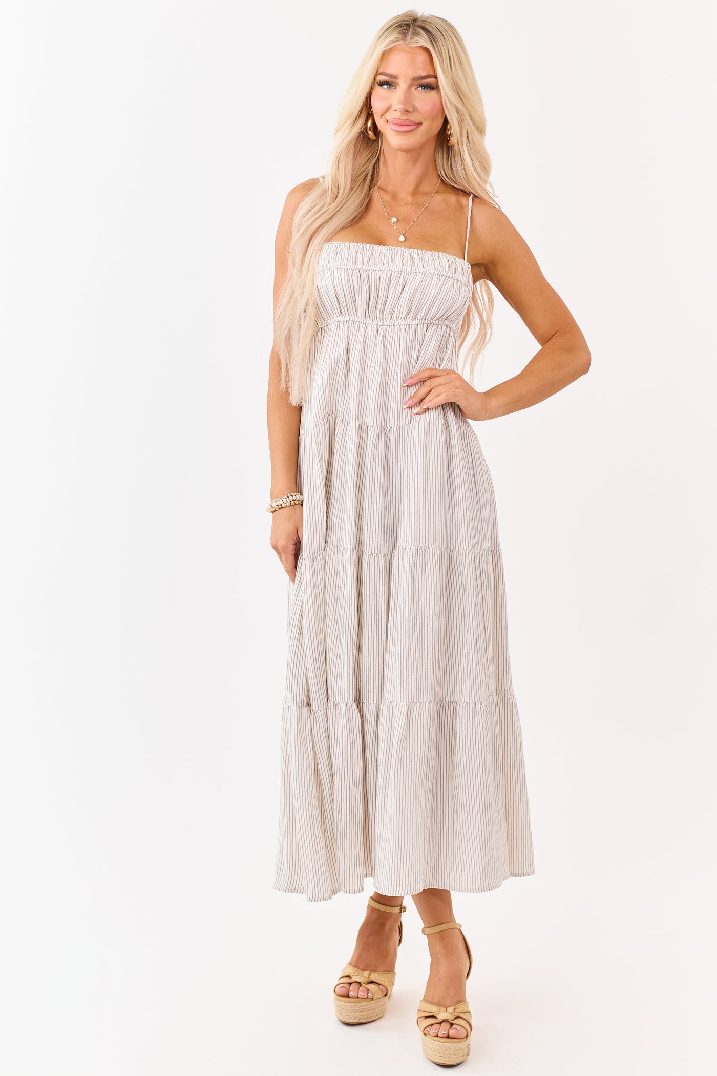 midi dress tiered Latte and Ivory Striped Babydoll Tiered Midi Dress