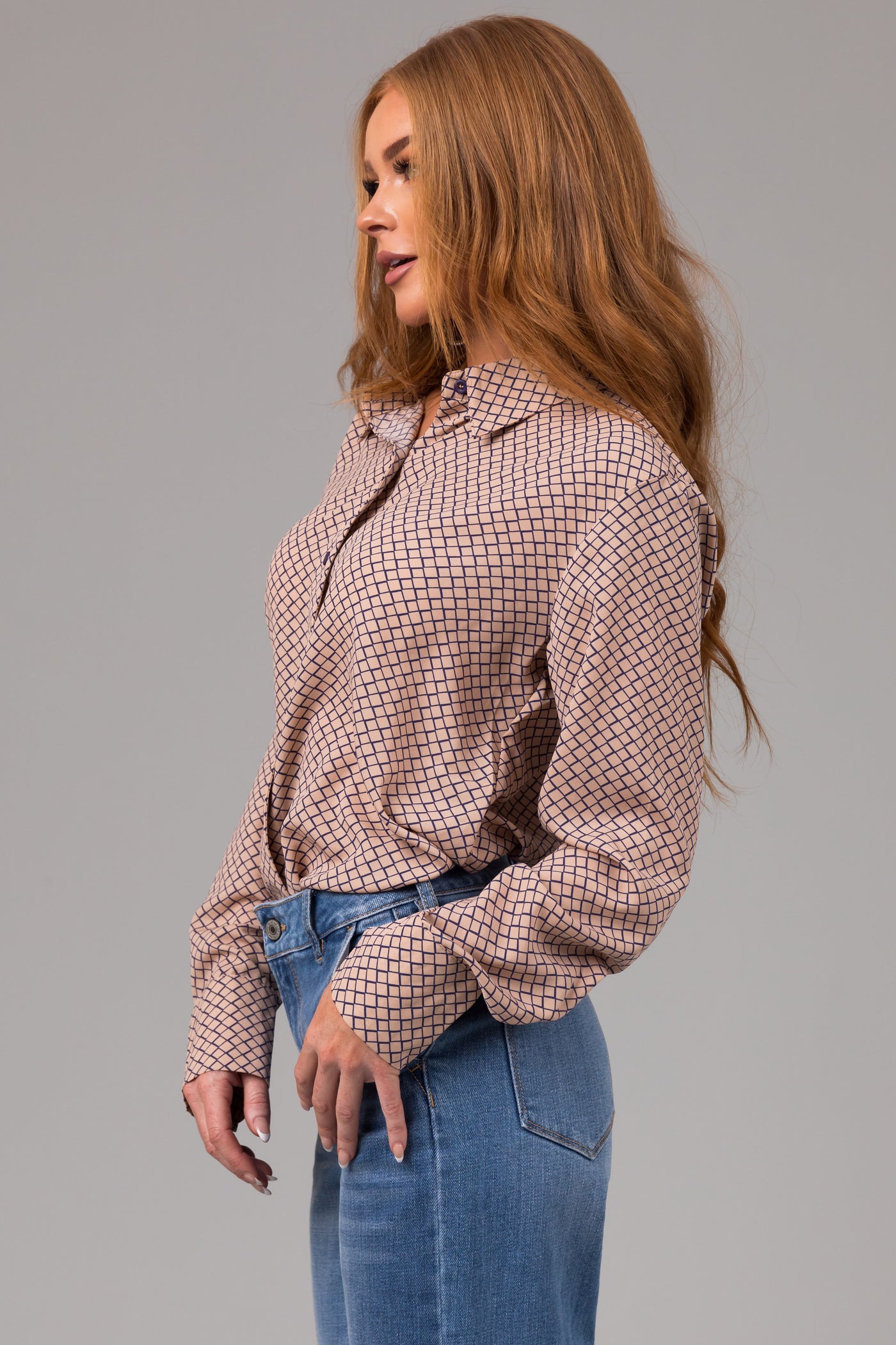 Latte and Navy Honeycomb Patterned Blouse