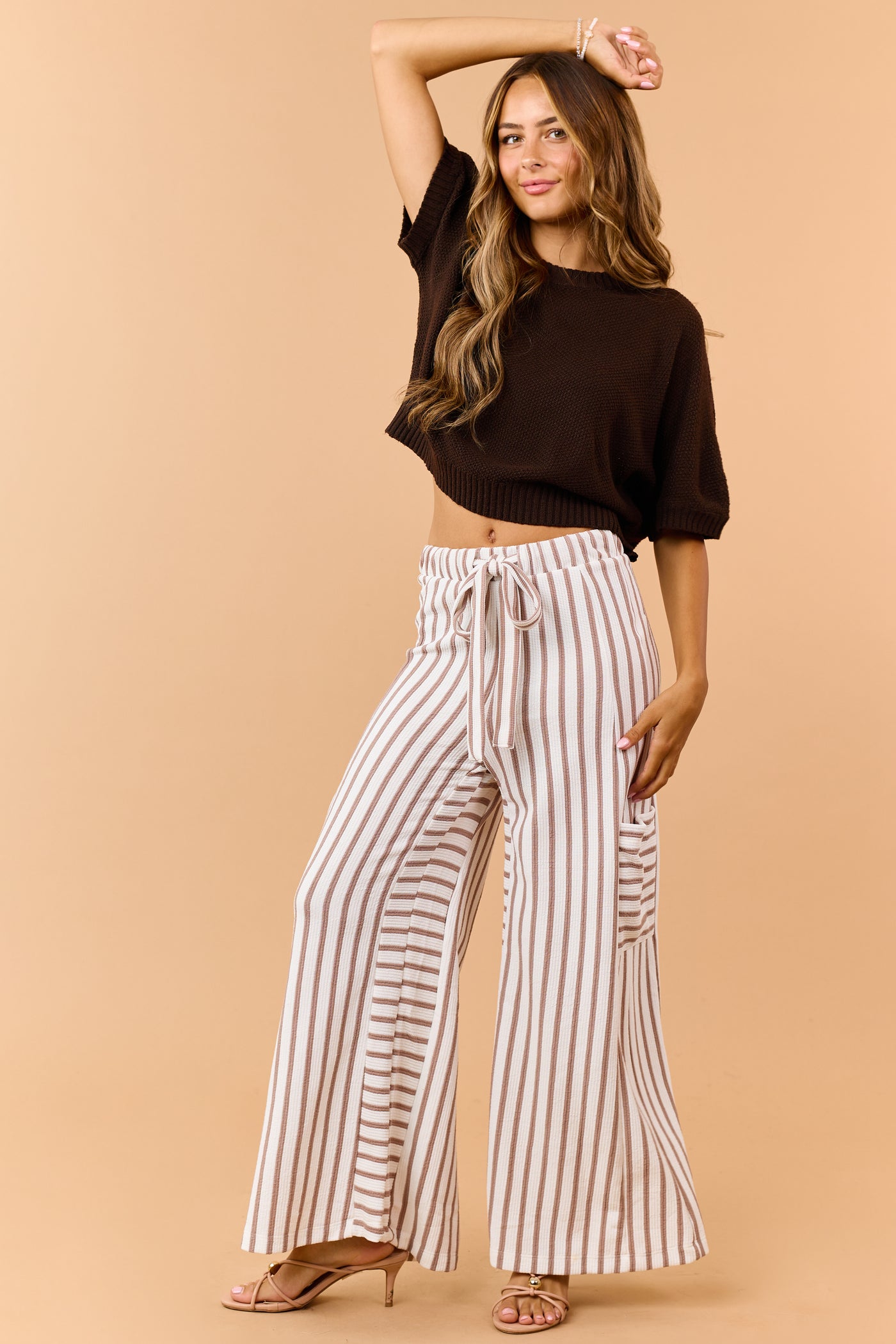 Latte and White Striped Wide Leg Pants